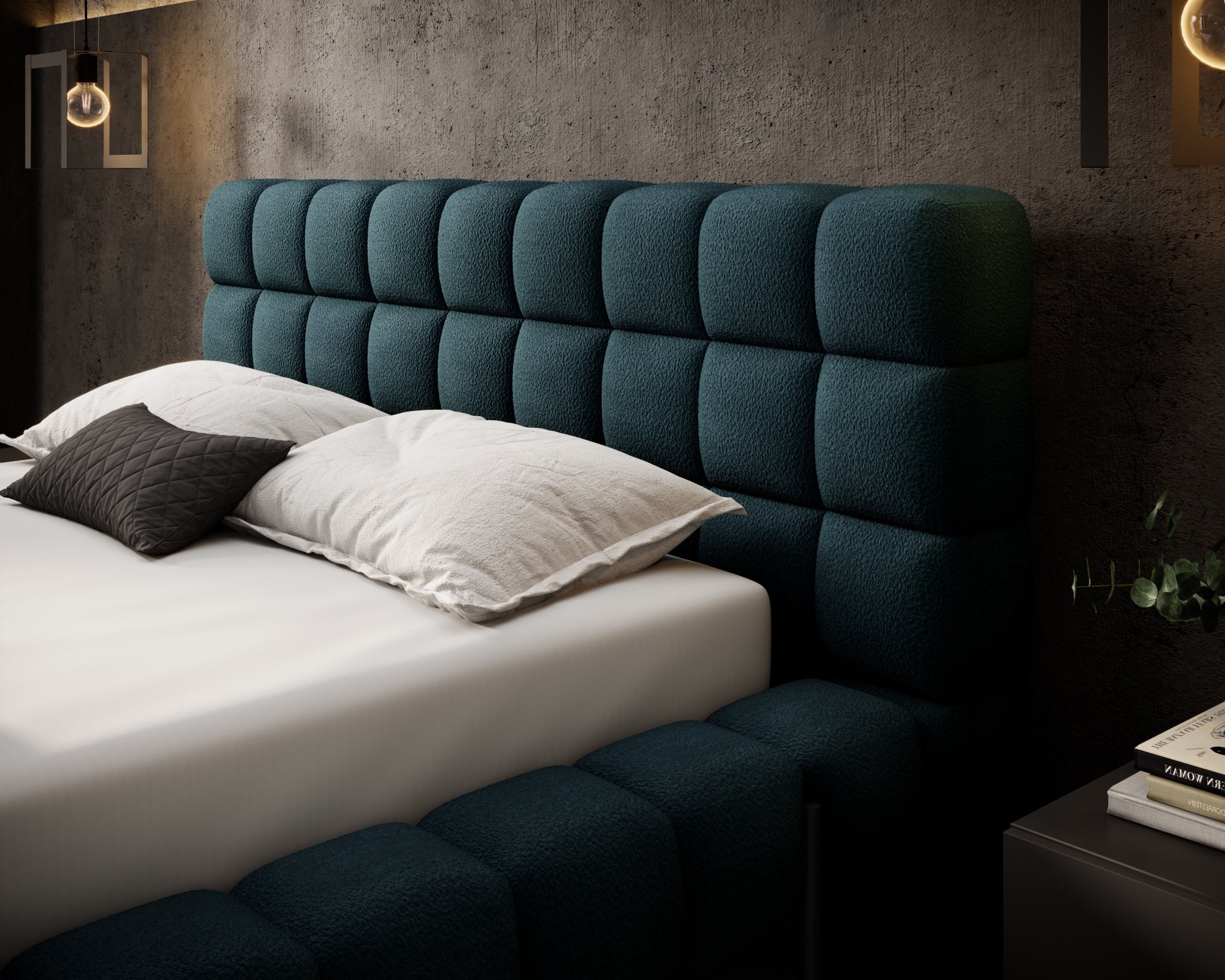 Wezgłowie łóżka Magentta w tkaninie Amore 40 granatowy – miękkie, pikowane oparcie w eleganckiej, nowoczesnej aranżacji.