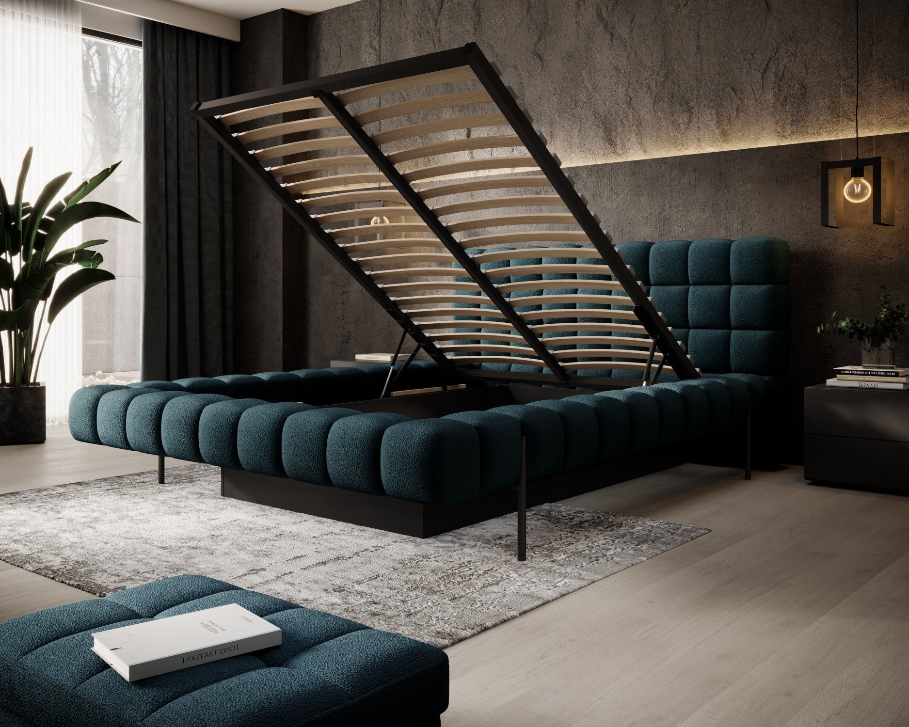 Łóżko Magentta z podnoszonym stelażem w tkaninie Amore 40 granatowy, idealne do nowoczesnych, eleganckich wnętrz.