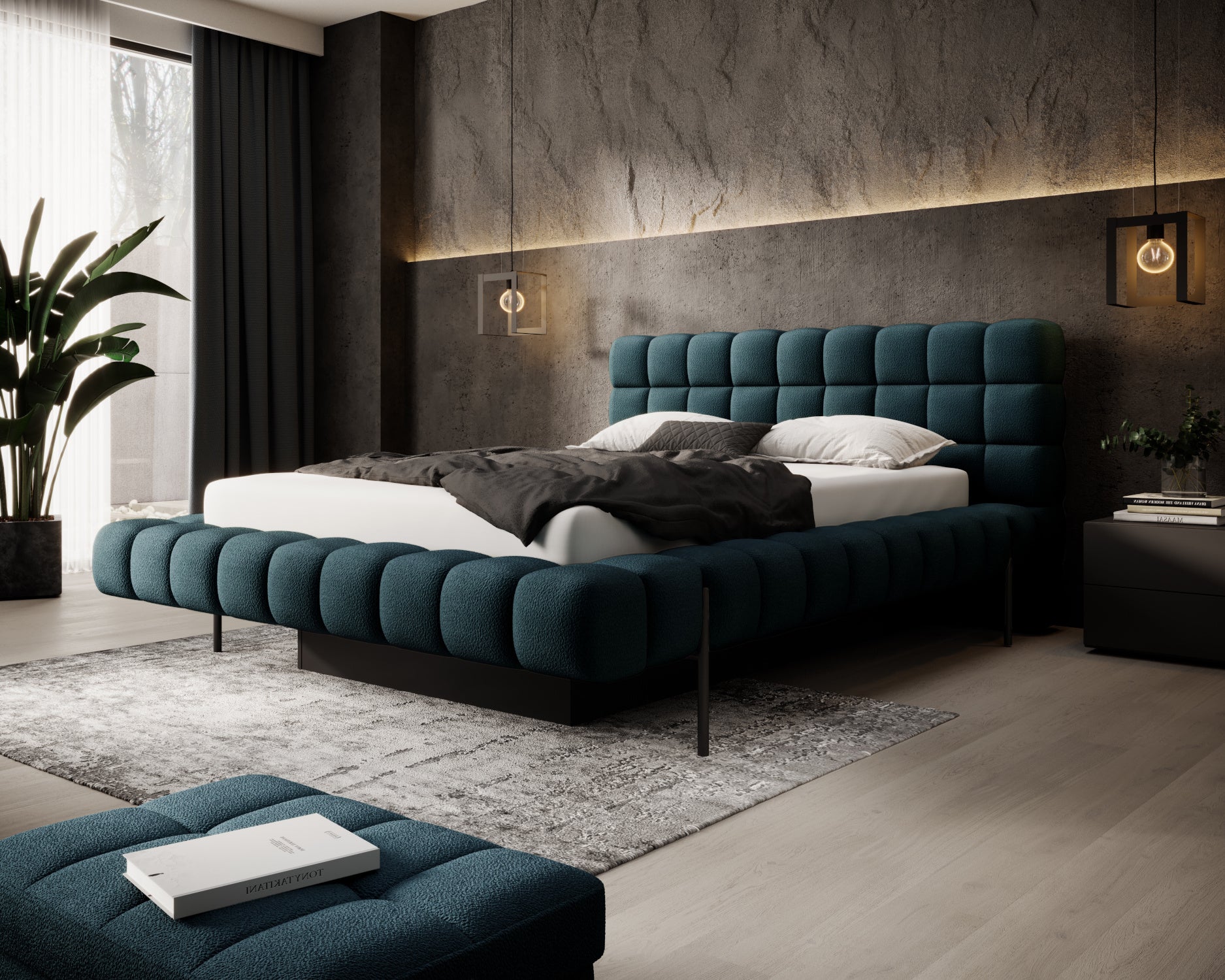 Łóżko Magentta w tkaninie Amore 40 granatowy, ustawione w nowoczesnej sypialni z tapicerowanym zagłówkiem i designerskim oświetleniem.