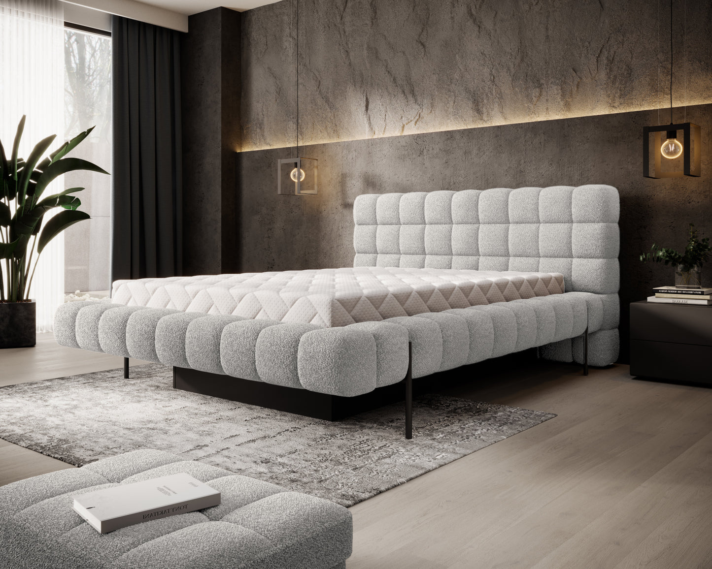 Łóżko Magentta z pojemnikiem na pościel, obite tkaniną Royal 04 szary, z uniesionym materacem w nowoczesnej sypialni.