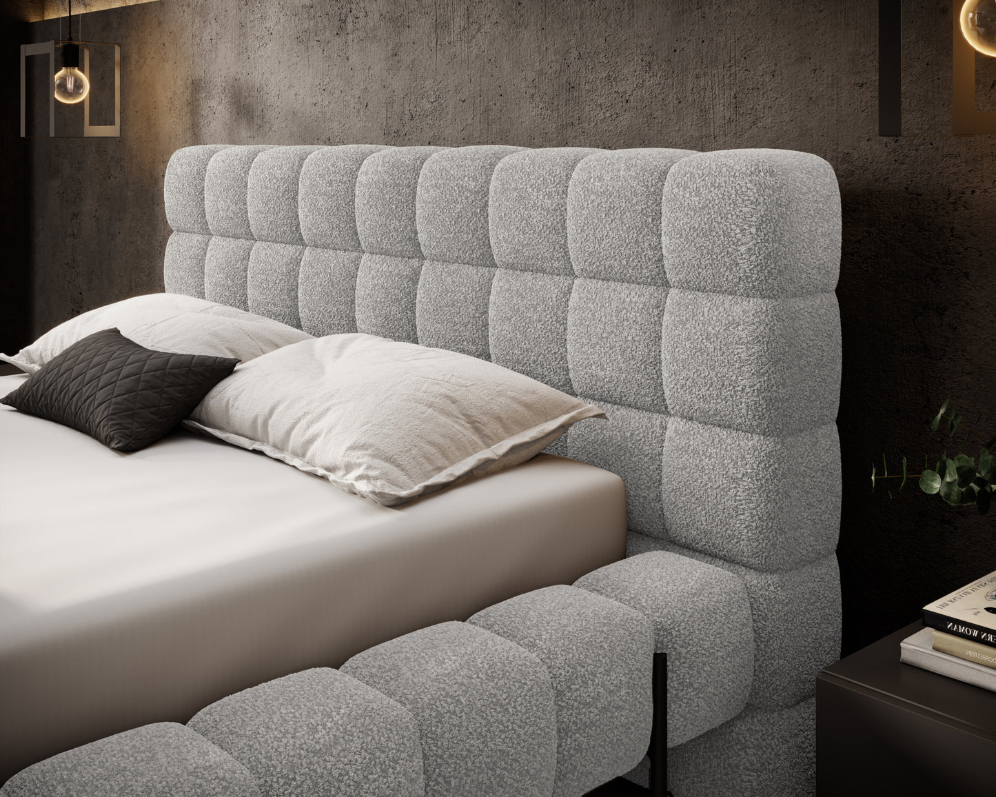 Tapicerowany zagłówek łóżka Magentta w tkaninie Royal 04 szary, z wyraźną strukturą materiału i pikowanym wzorem.