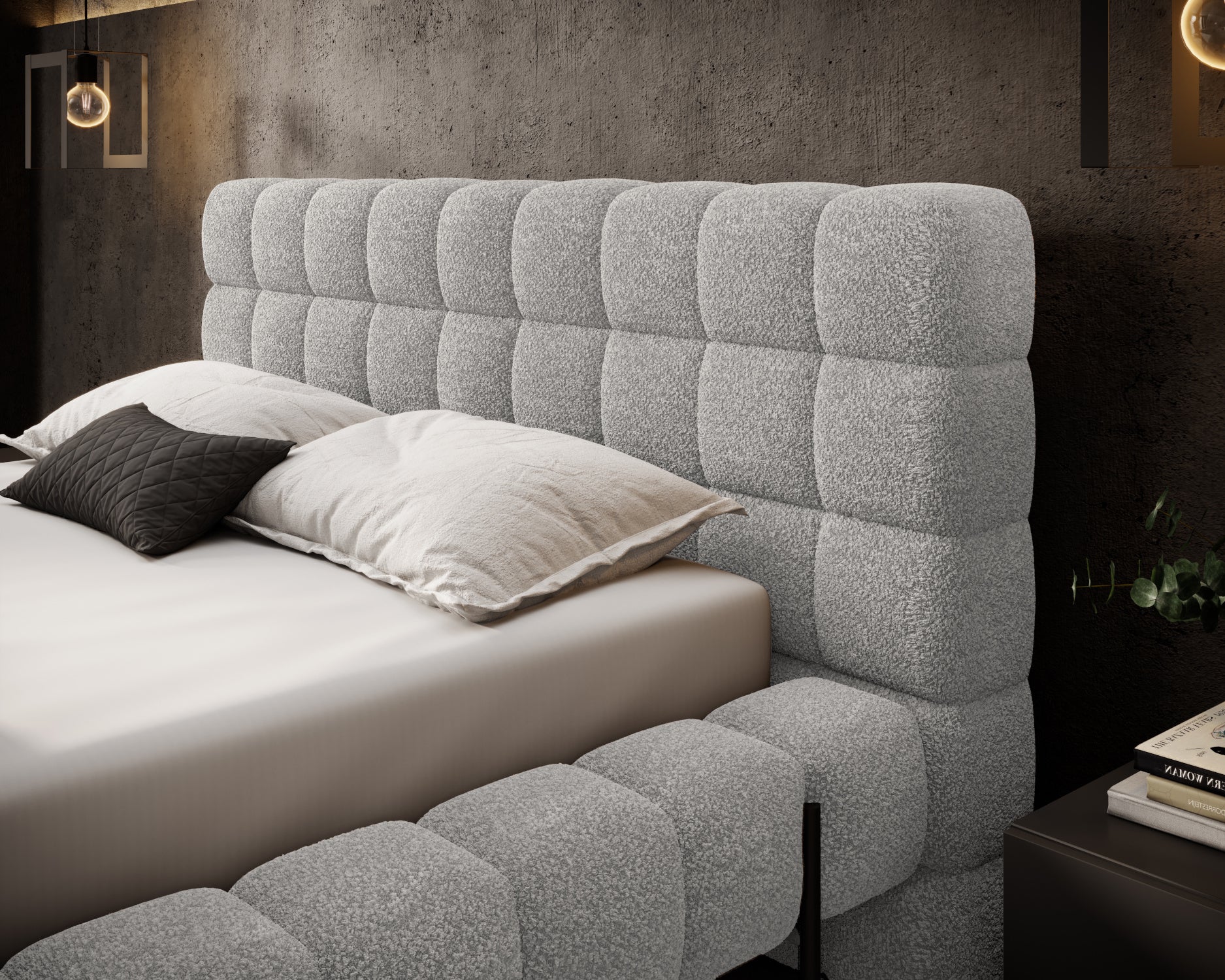 Tapicerowany zagłówek łóżka Magentta w tkaninie Royal 04 szary, z wyraźną strukturą materiału i pikowanym wzorem.