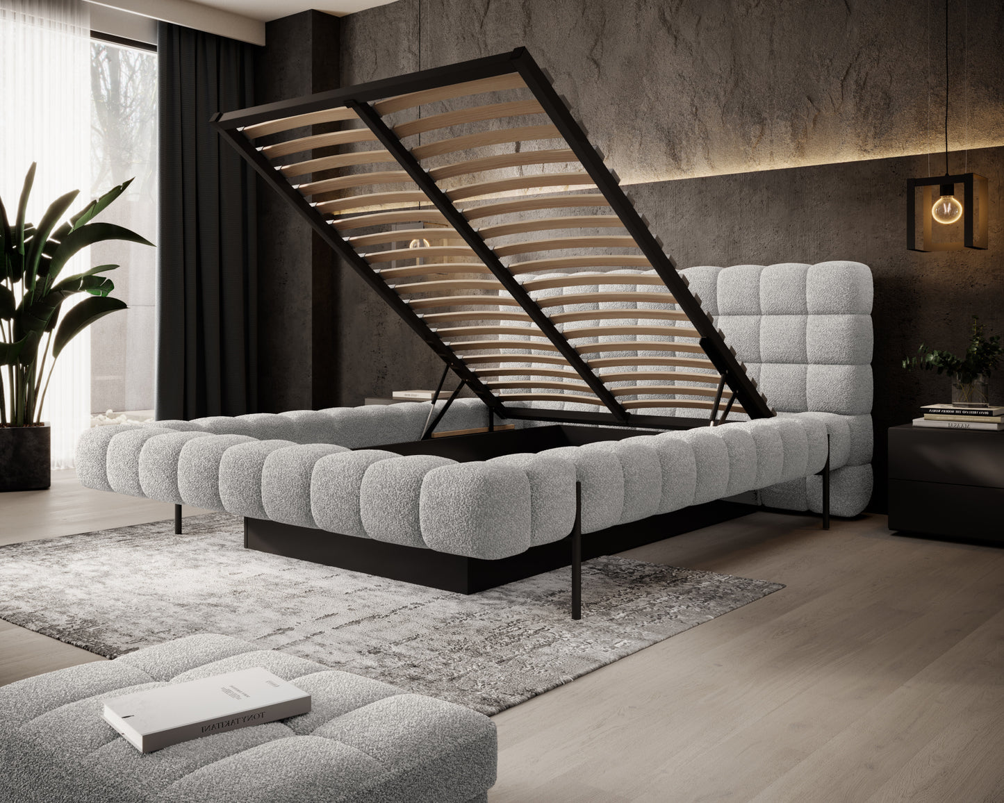 Łóżko Magentta Royal 04 szary z podniesionym stelażem i pojemnikiem na pościel, nowoczesna sypialnia z ciemną ścianą i rośliną.