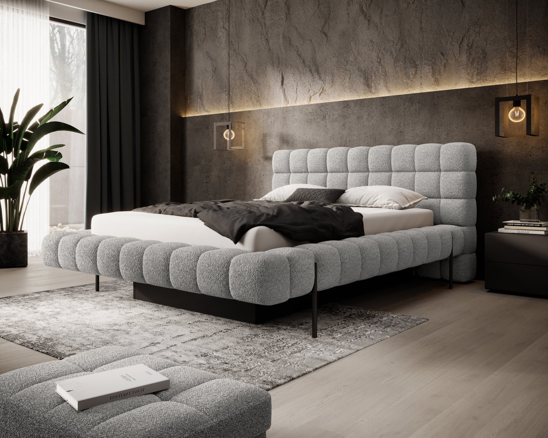 Łóżko Magentta w tkaninie Royal 04 szary, ustawione w eleganckiej sypialni z betonową ścianą i nowoczesnym oświetleniem.