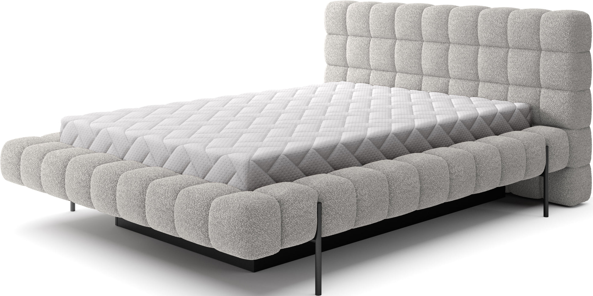 Łóżko tapicerowane Magentta w tkaninie Royal 04 szary – przód i zagłówek z pikowanej, jasnoszarej tkaniny o pętelkowej strukturze.