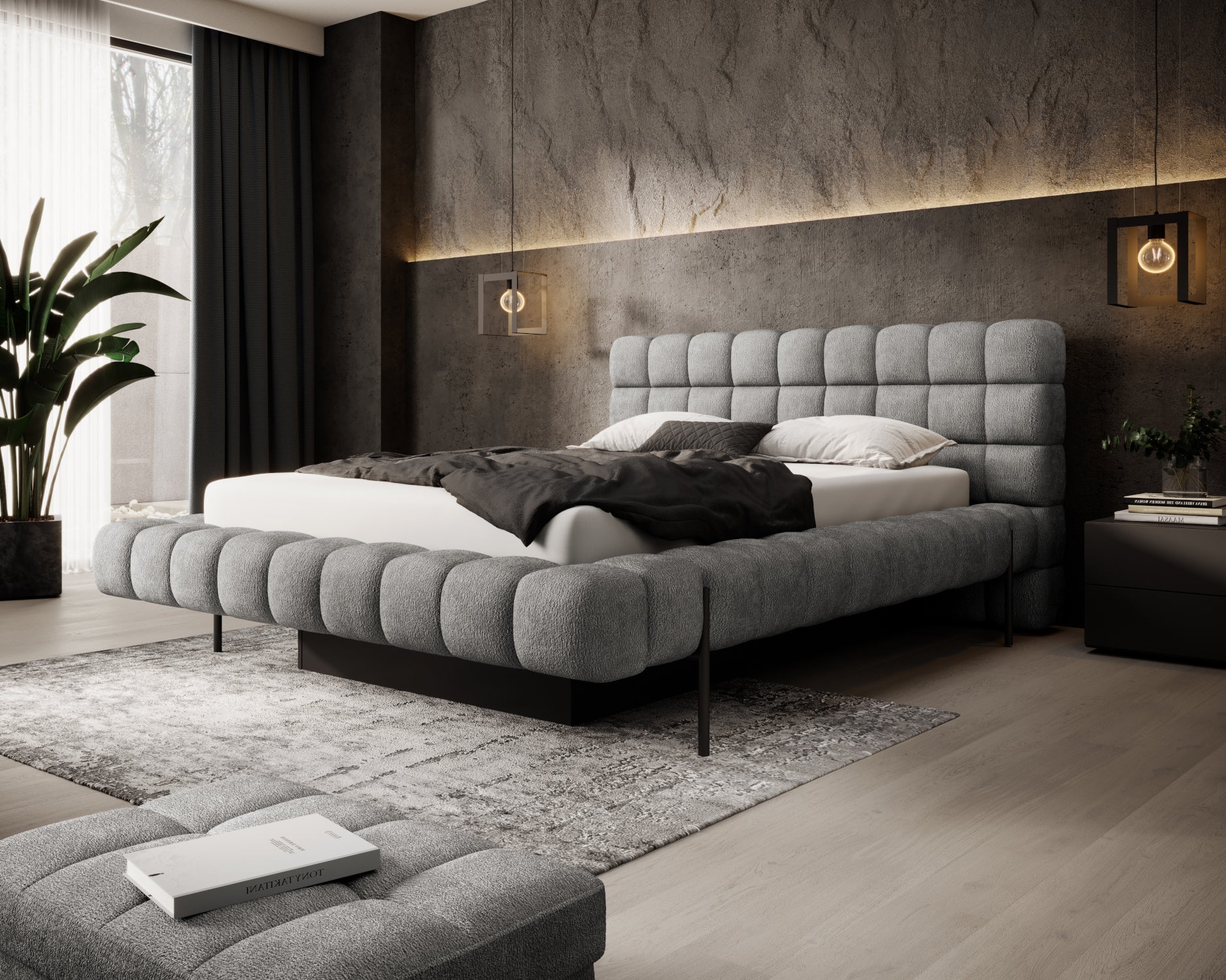 Magentta w tkaninie Touch 03 – łóżko z jasnoszarym obiciem i pikowaniem w kostkę, które dodaje wnętrzu elegancji i nowoczesnego charakteru.