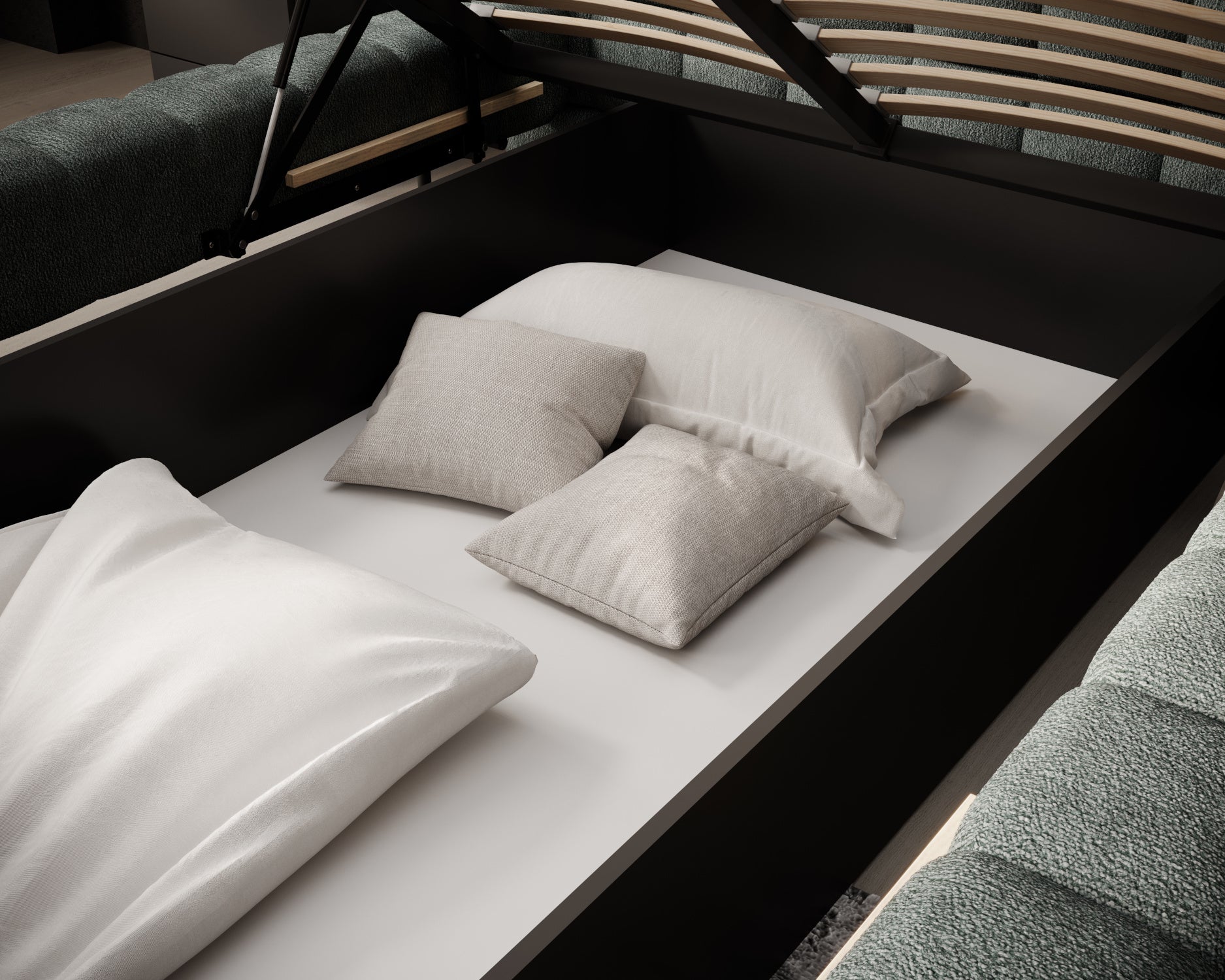 Otwarty pojemnik łóżka Magentta Touch 100 zielony z poduszkami i kołdrą, eleganckie wnętrze w stylu nowoczesnym.