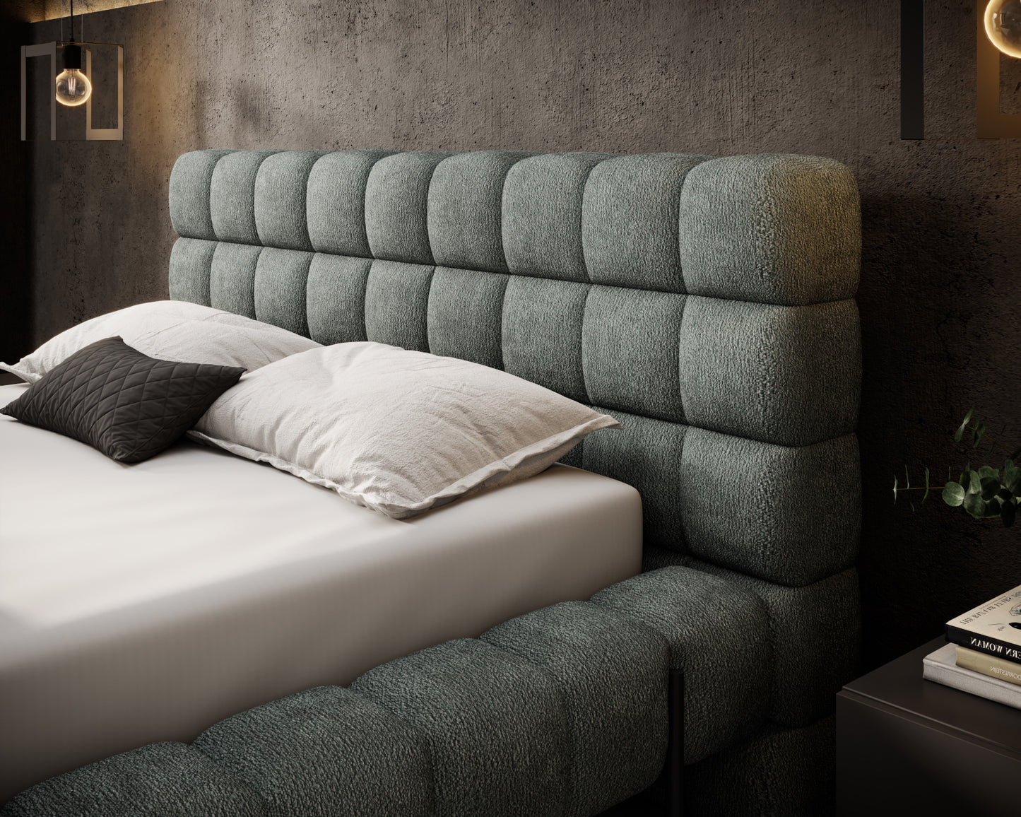 Zbliżenie na miękki, tapicerowany zagłówek łóżka Magentta Touch 100 zielony w eleganckiej, nowoczesnej sypialni.