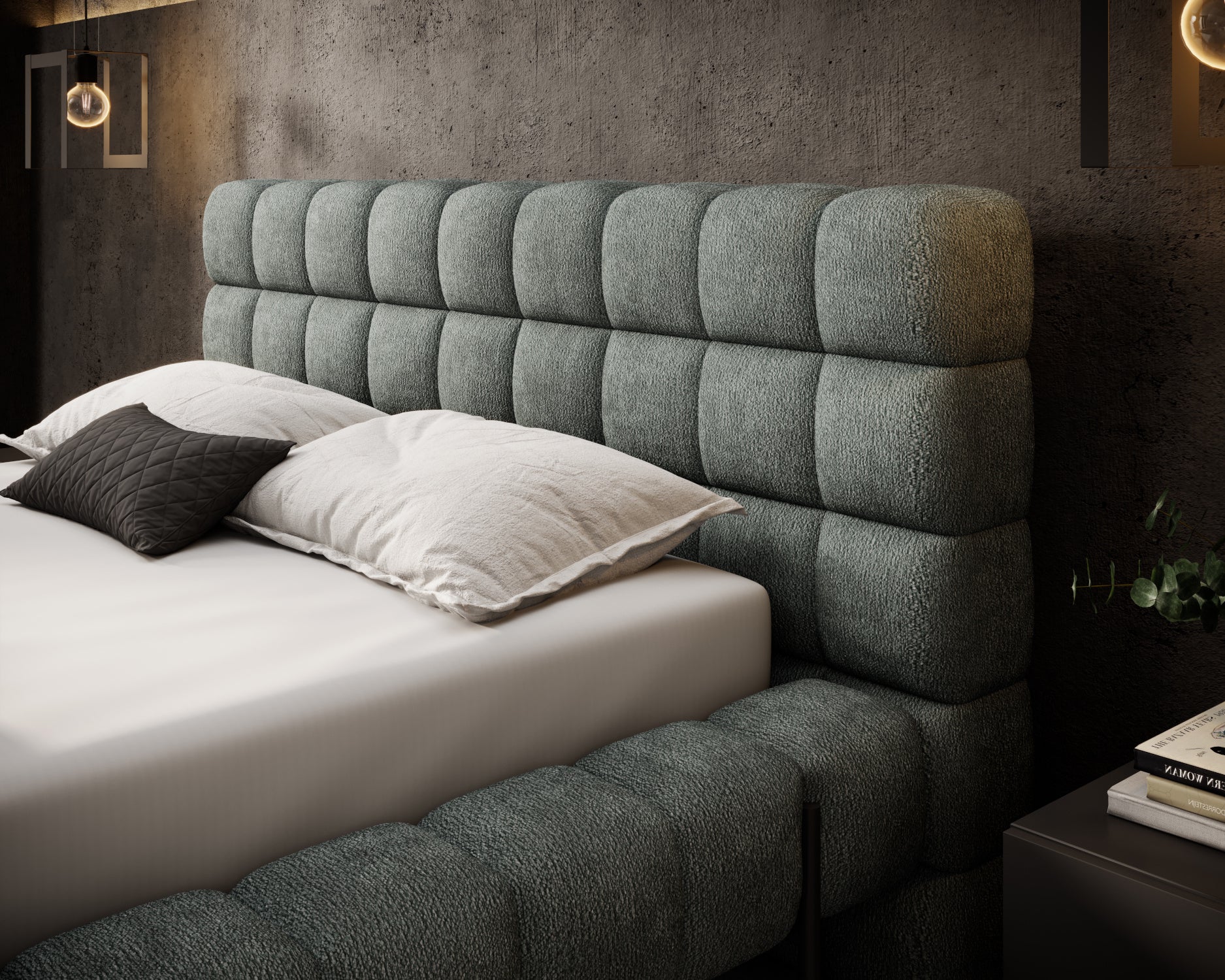 Zbliżenie na miękki, tapicerowany zagłówek łóżka Magentta Touch 100 zielony w eleganckiej, nowoczesnej sypialni.