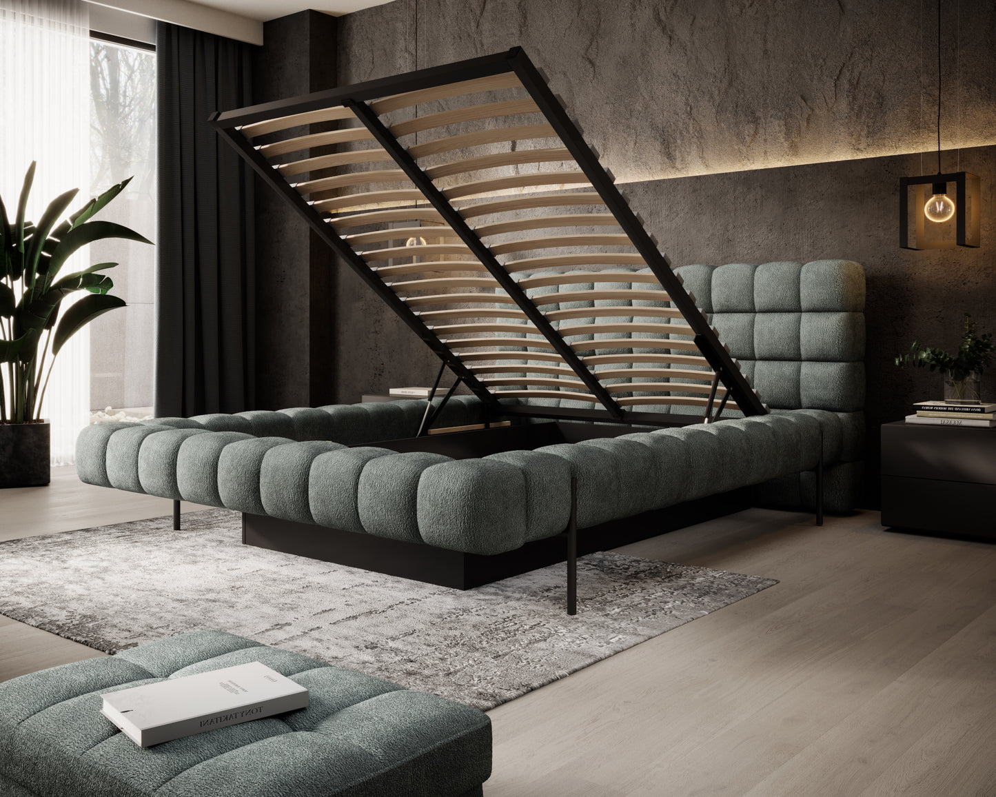 Łóżko Magentta Touch 100 zielony z otwartym stelażem i pojemnikiem na pościel w nowoczesnej, ciemnej sypialni z dywanem.