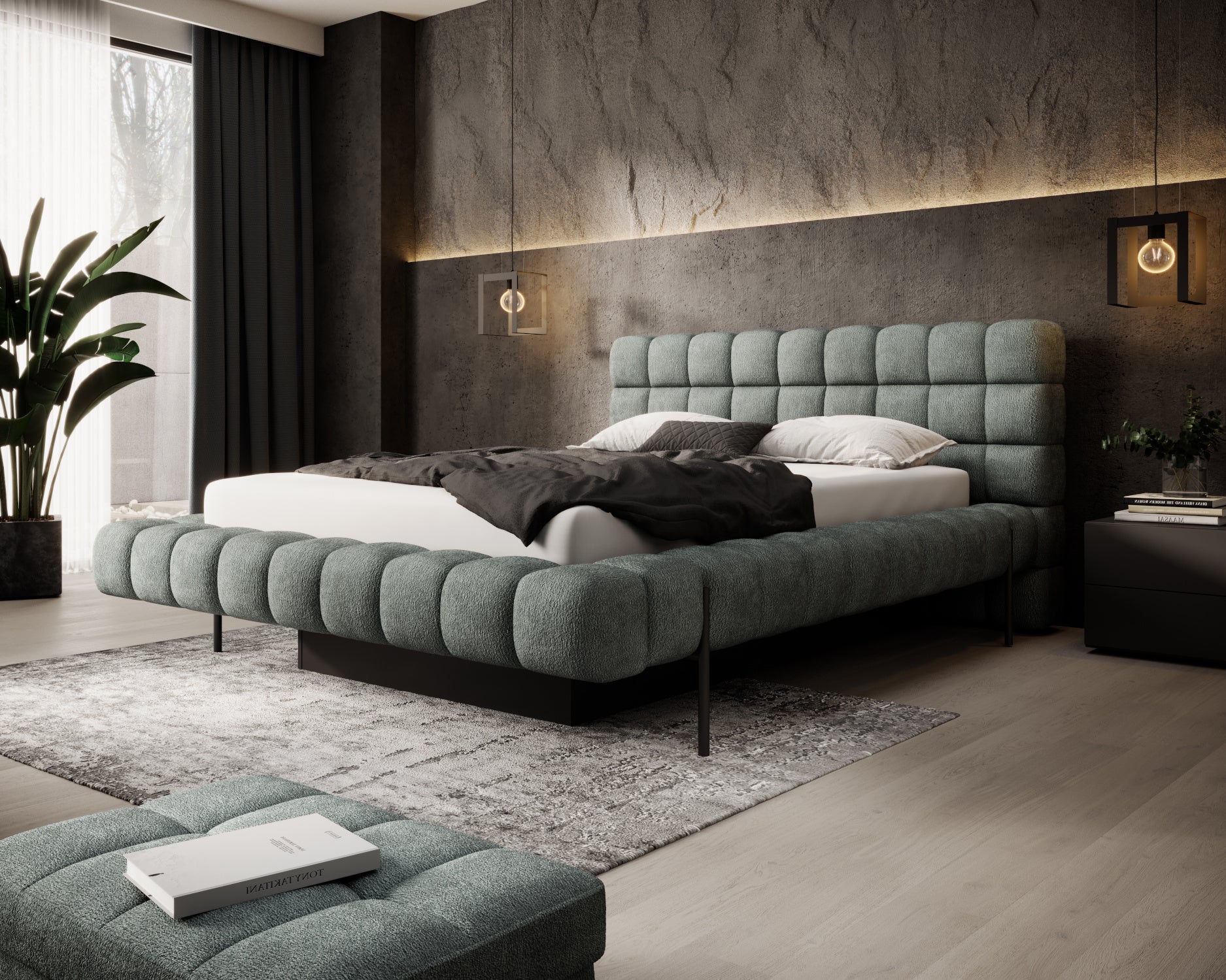 Łóżko Magentta w tkaninie Touch 100 zielony w nowoczesnej sypialni, z pościelą, dywanem i czarnymi nogami.
