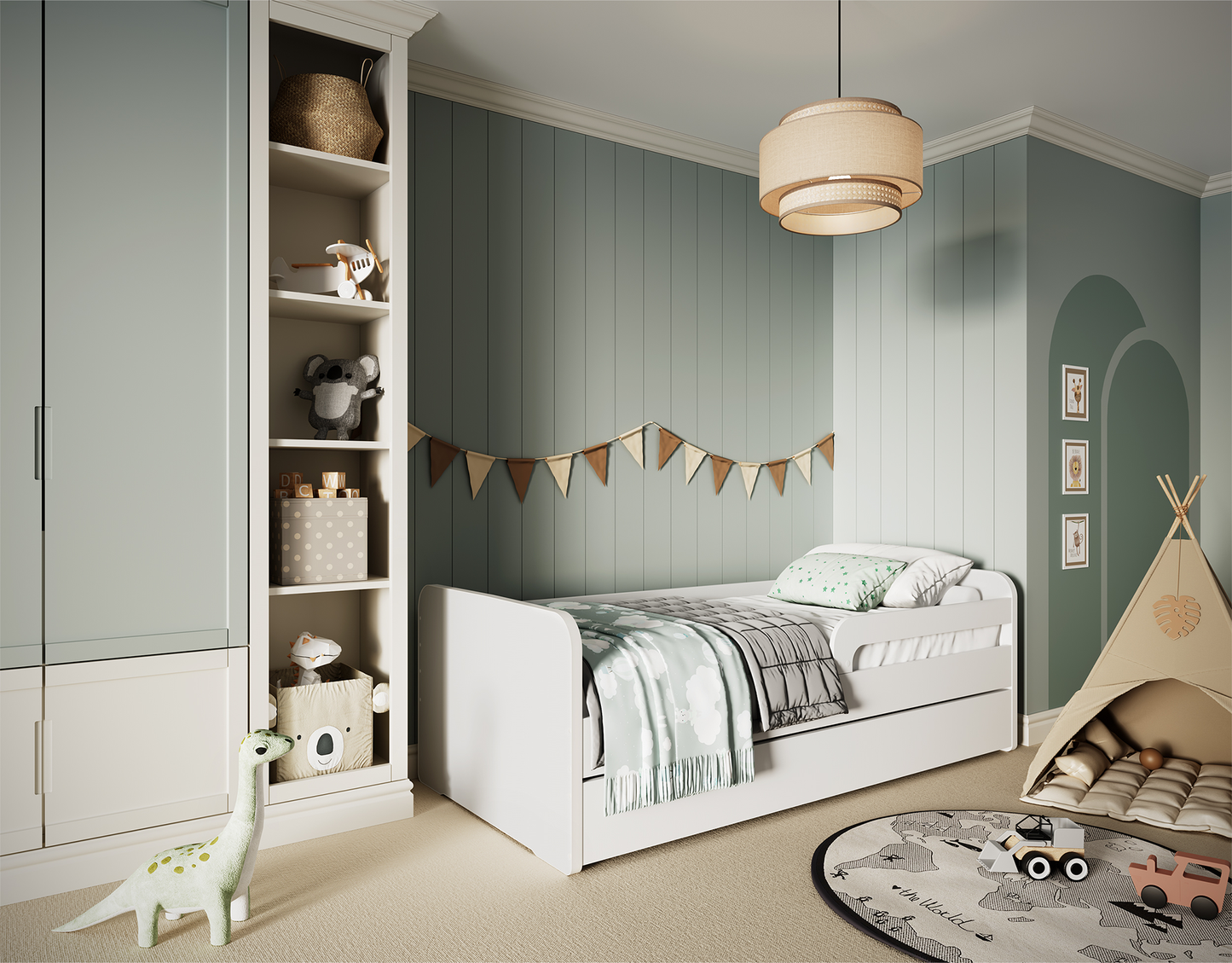 Pokój dziecięcy z białym łóżkiem Duuli 160 cm, zabawkami, namiotem tipi i pastelowymi ścianami ozdobionymi girlandą i obrazkami.