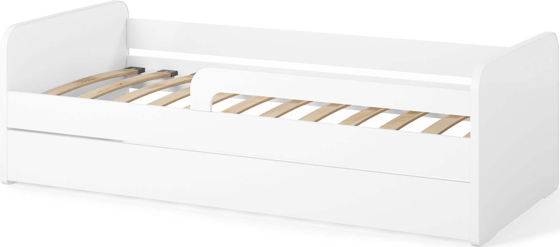 Białe łóżko dziecięce Duuli 160 cm z barierką ochronną i stelażem bez materaca, widok z przodu w lekkim skosie.