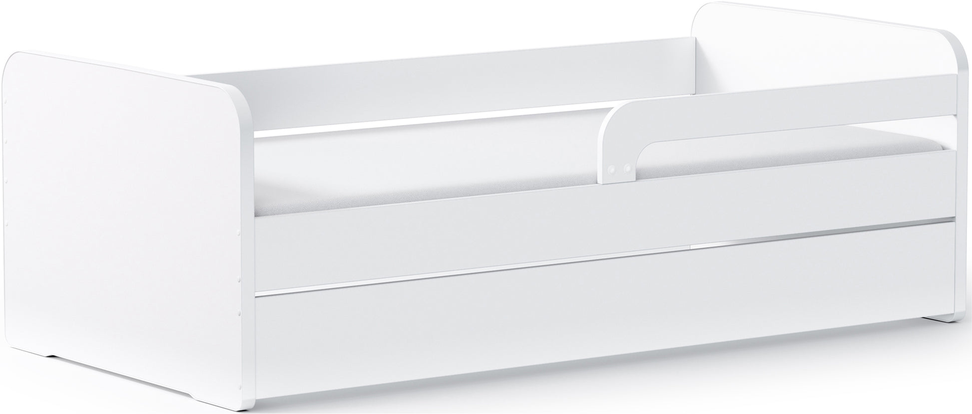 Białe łóżko dziecięce Duuli z materacem, barierką ochronną i pojemną szufladą, widok z przodu na skos, wersja o długości 200 cm.