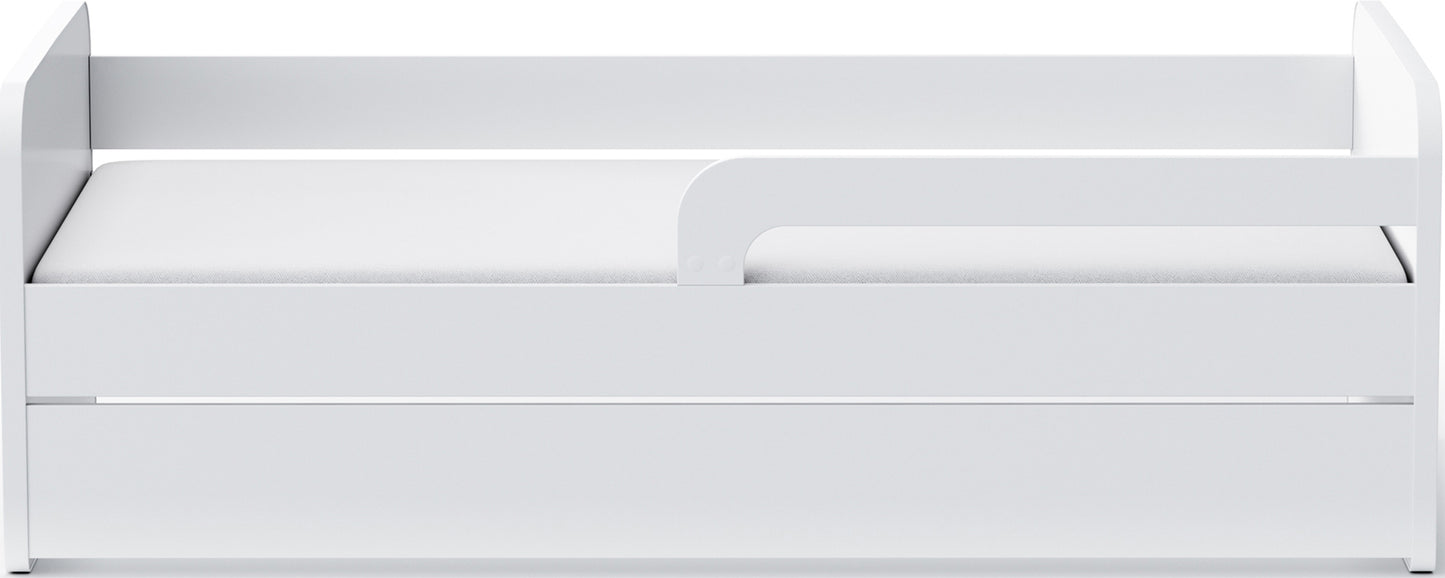 Białe łóżko dziecięce Duuli z materacem 200 cm, widok z przodu – prosta forma, barierka ochronna i duża szuflada pod łóżkiem.