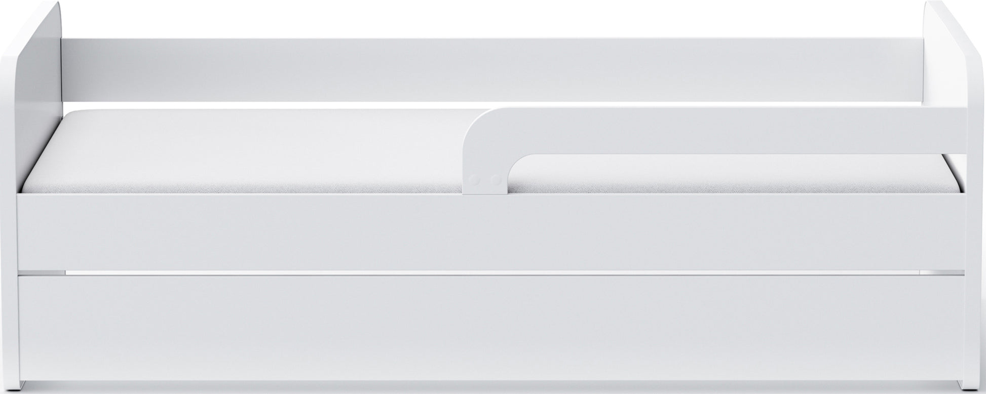 Białe łóżko dziecięce Duuli z materacem 200 cm, widok z przodu – prosta forma, barierka ochronna i duża szuflada pod łóżkiem.