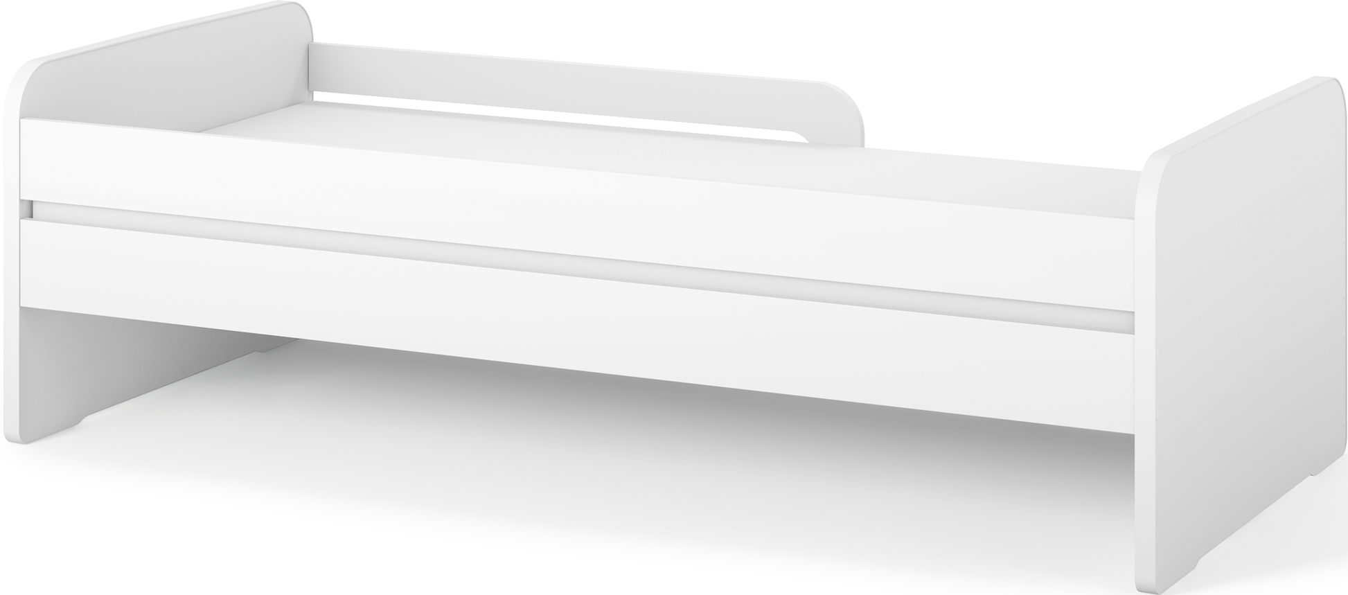 Białe łóżko dziecięce Duuli 200 cm z widocznym tylnym panelem, bez dekoracji, prezentacja prosta, ukazująca całą konstrukcję.
