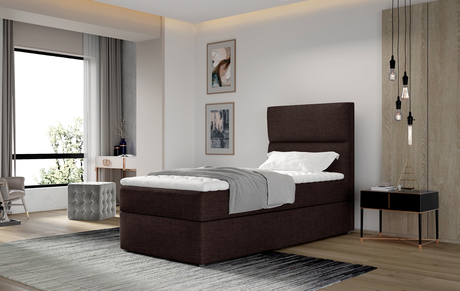 Brązowe łóżko Arco z pojemnikiem na pościel 90x200 cm w aranżacji sypialni