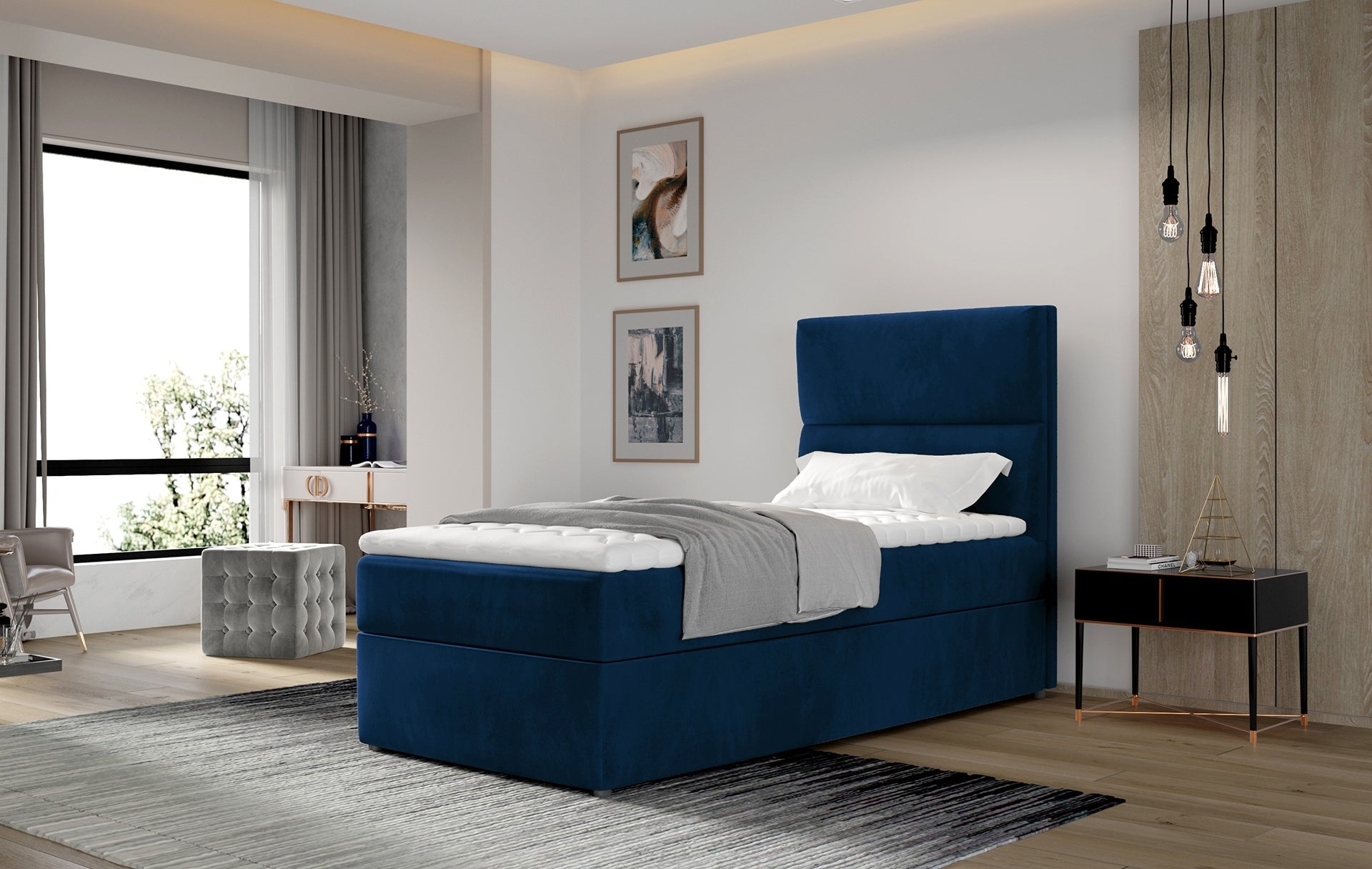 Niebieskie łóżko Arco z pojemnikiem na pościel 90x200 cm w aranżacji sypialni