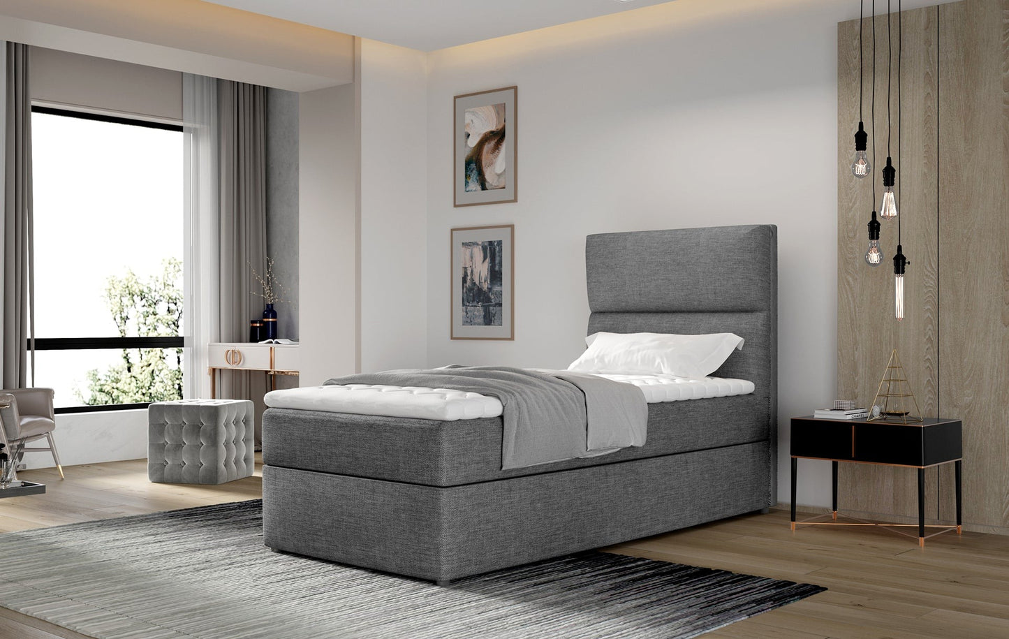 Szare łóżko Arco z pojemnikiem na pościel 90x200 cm w aranżacji sypialni