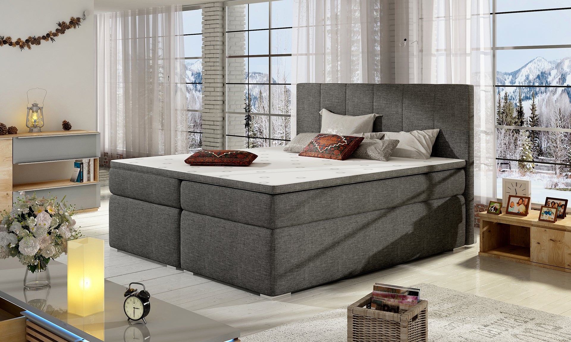 Łóżko Bolero 140x200 Sawana 05 ciemnoszary w eleganckiej sypialni z dużymi oknami i górskim widokiem.