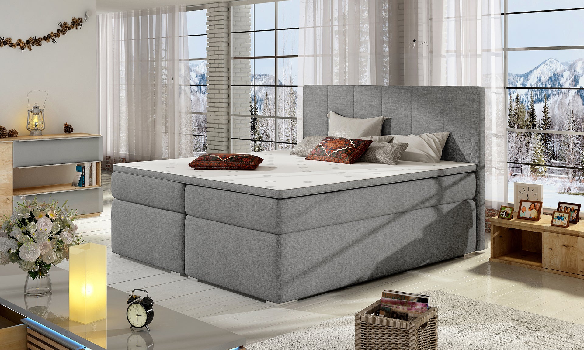 Łóżko Bolero 160x200 Sawana 21 szary w eleganckiej sypialni z dużymi oknami i widokiem na góry.