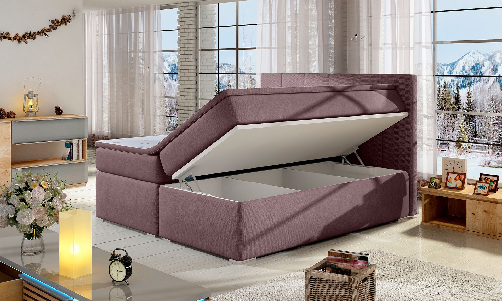 Łóżko Bolero 140x200 Soro 65 jasnofioletowy z pojemnikiem na pościel – uniesiony stelaż pokazujący przestrzeń do przechowywania w nowoczesnej sypialni.