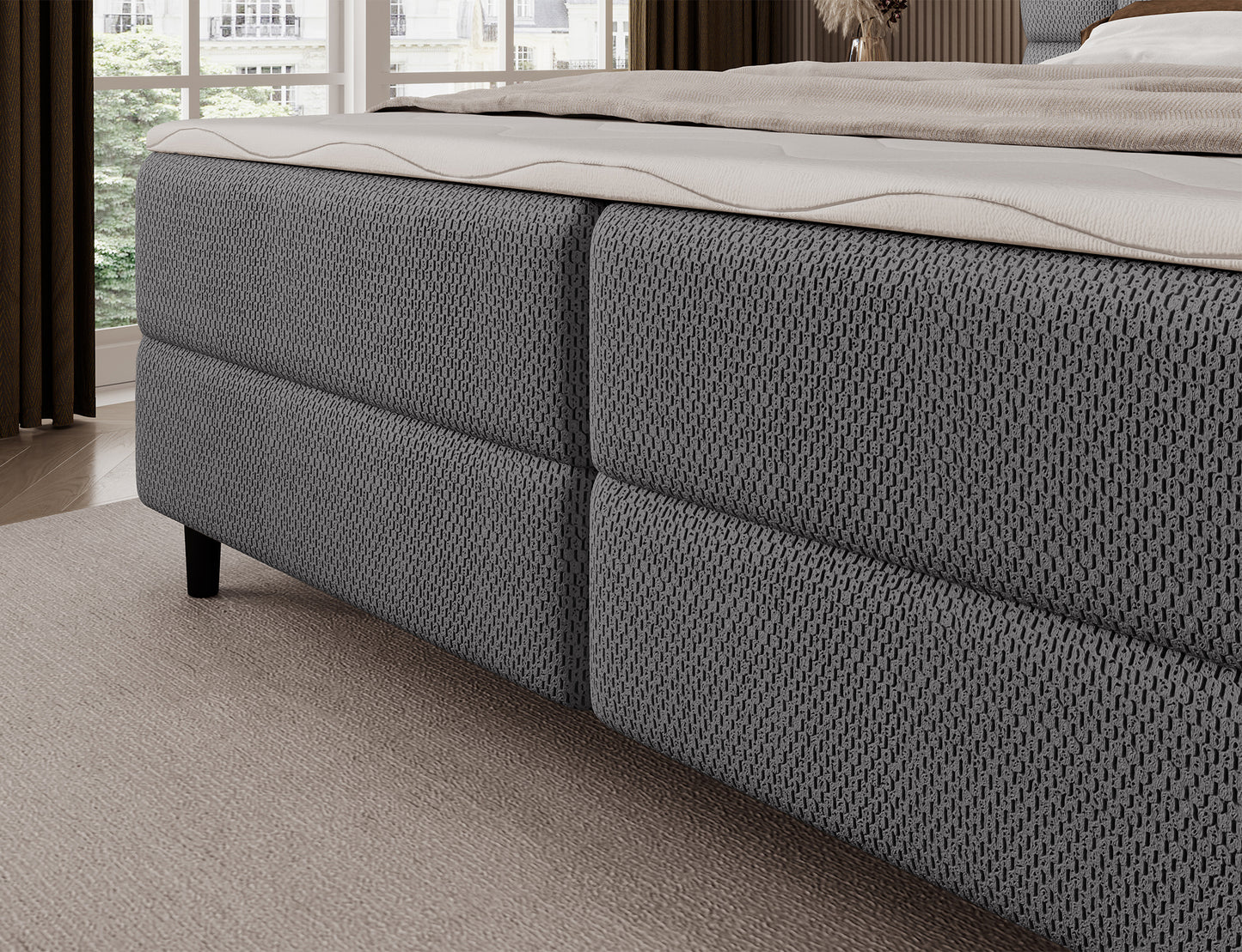 Korpus łóżka kontynentalnego Camma Calmora 05 w ciemnoszarej tkaninie, solidna konstrukcja na czarnych nogach