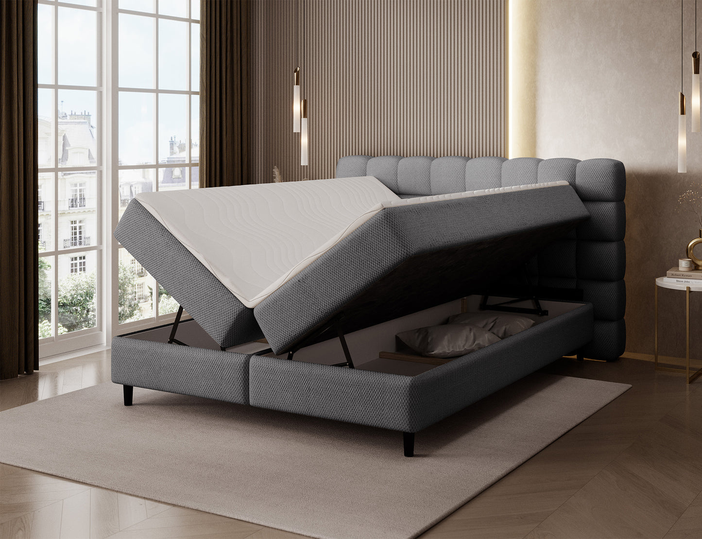 Łóżko Camma Calmora 05 ciemnoszare z praktycznym pojemnikiem na pościel, funkcjonalne i stylowe rozwiązanie do sypialni