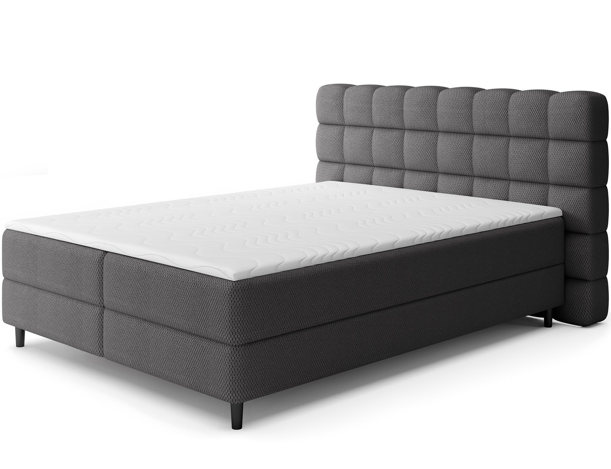 Łóżko kontynentalne Camma Calmora 05 w ciemnoszarej tkaninie, nowoczesny design z eleganckim wezgłowiem i pojemnikiem