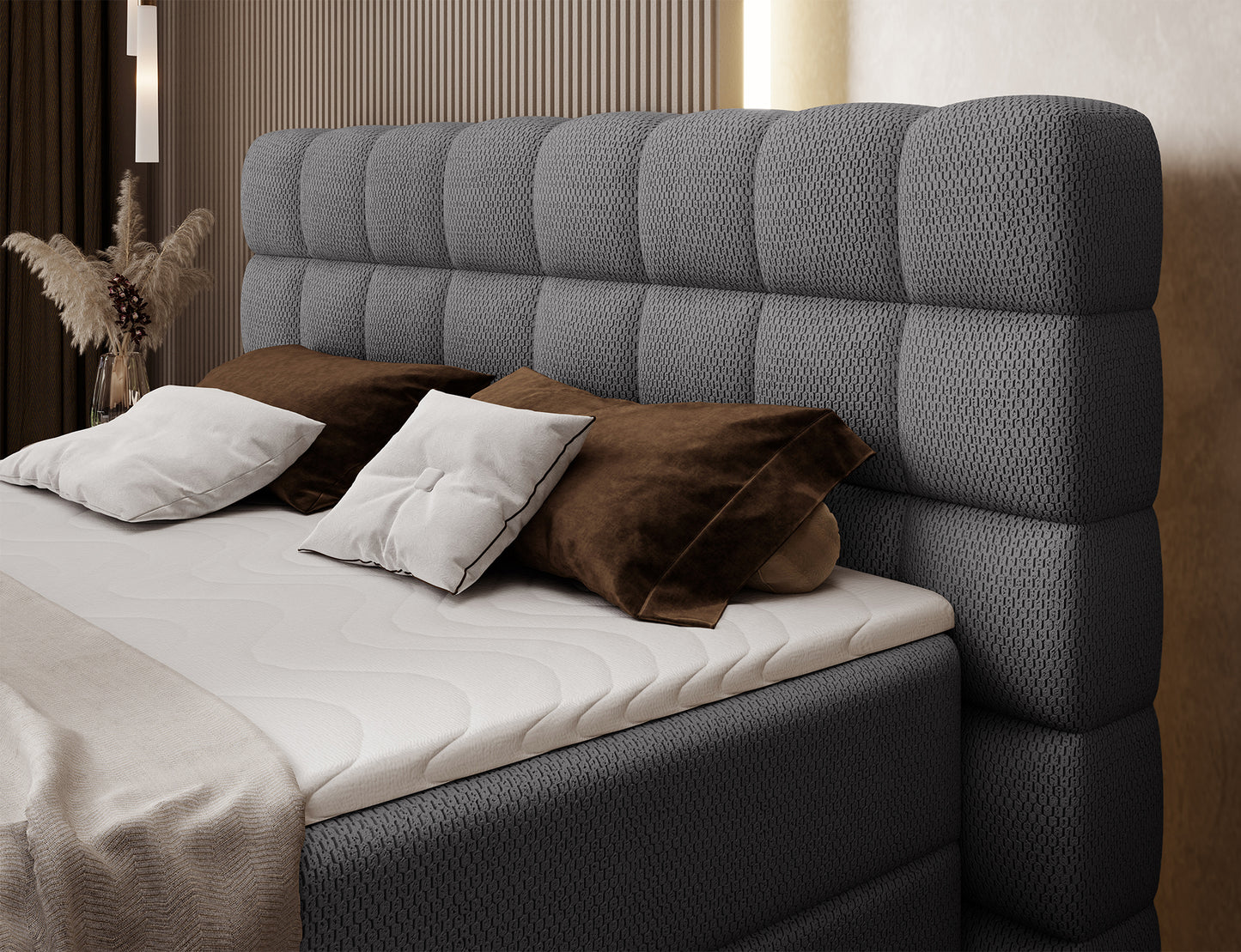 Wezgłowie łóżka Camma Calmora 05 w ciemnoszarym kolorze, przeszywane panele nadają sypialni elegancji i przytulnego charakteru