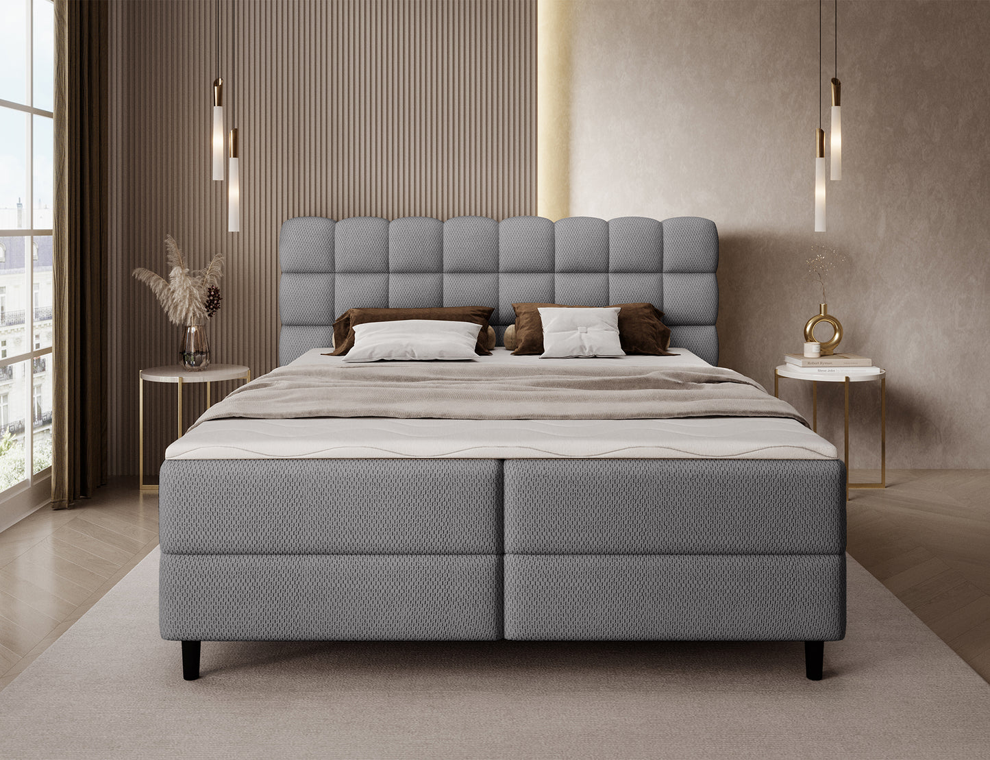 Łóżko kontynentalne Camma Calmora 05 ciemnoszare, widok od frontu, elegancka forma i komfortowe wykończenie do nowoczesnej sypialni