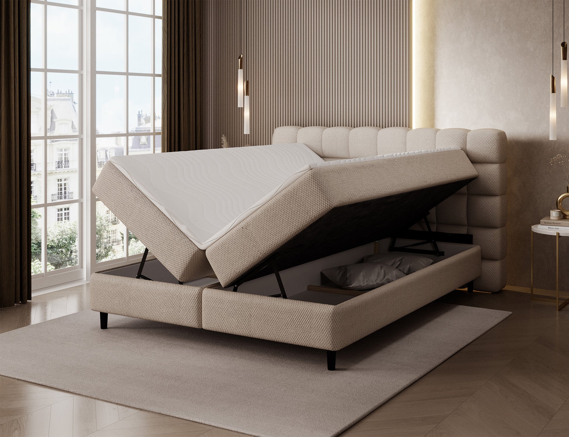 Łóżko Camma Calmora 18 beżowe z praktycznym pojemnikiem na pościel, funkcjonalne i stylowe rozwiązanie do sypialni