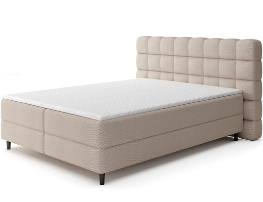 Łóżko kontynentalne Camma Calmora 18 w beżowej tkaninie, nowoczesny design z eleganckim wezgłowiem i pojemnikiem