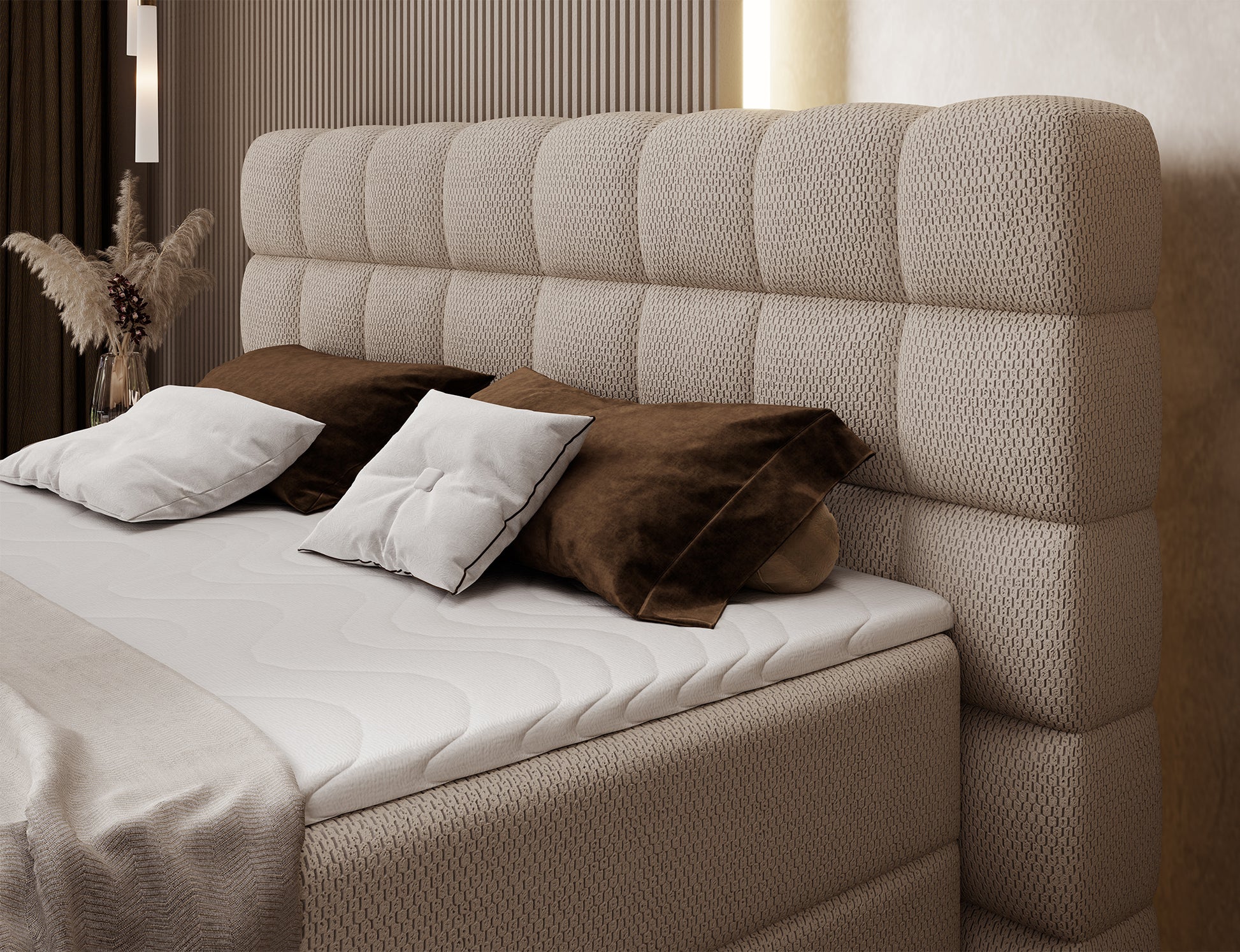 Wezgłowie łóżka Camma Calmora 18 w beżowym kolorze, przeszywane panele nadają sypialni elegancji i przytulnego charakteru