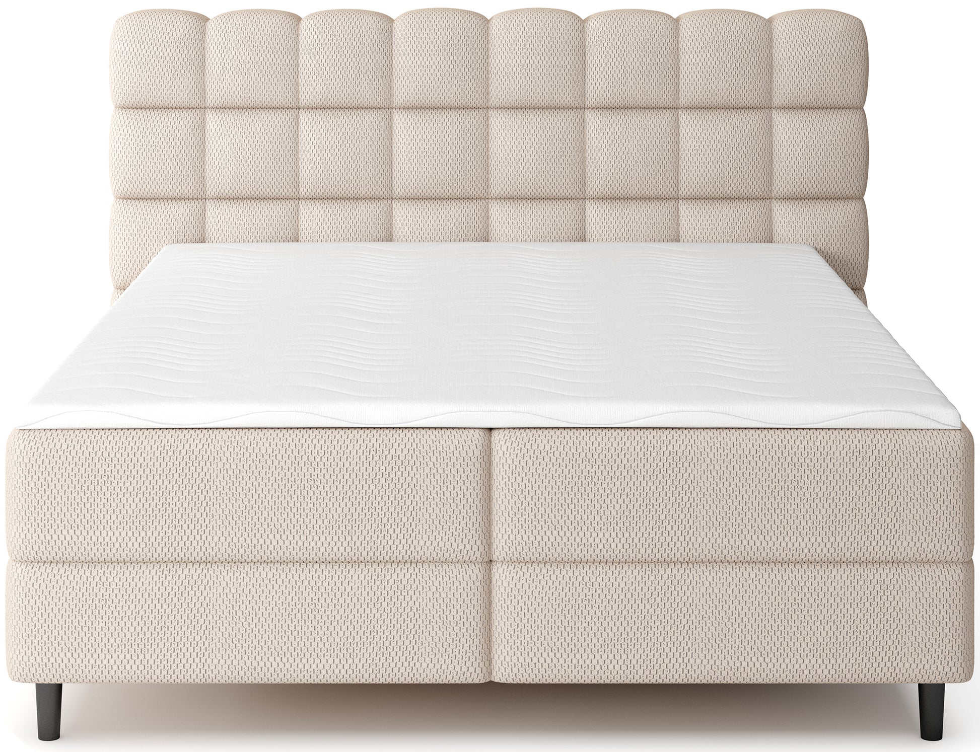 Beżowe łóżko Camma Calmora 18 z wysokim wezgłowiem i praktycznym pojemnikiem, idealne do nowoczesnych aranżacji wnętrz