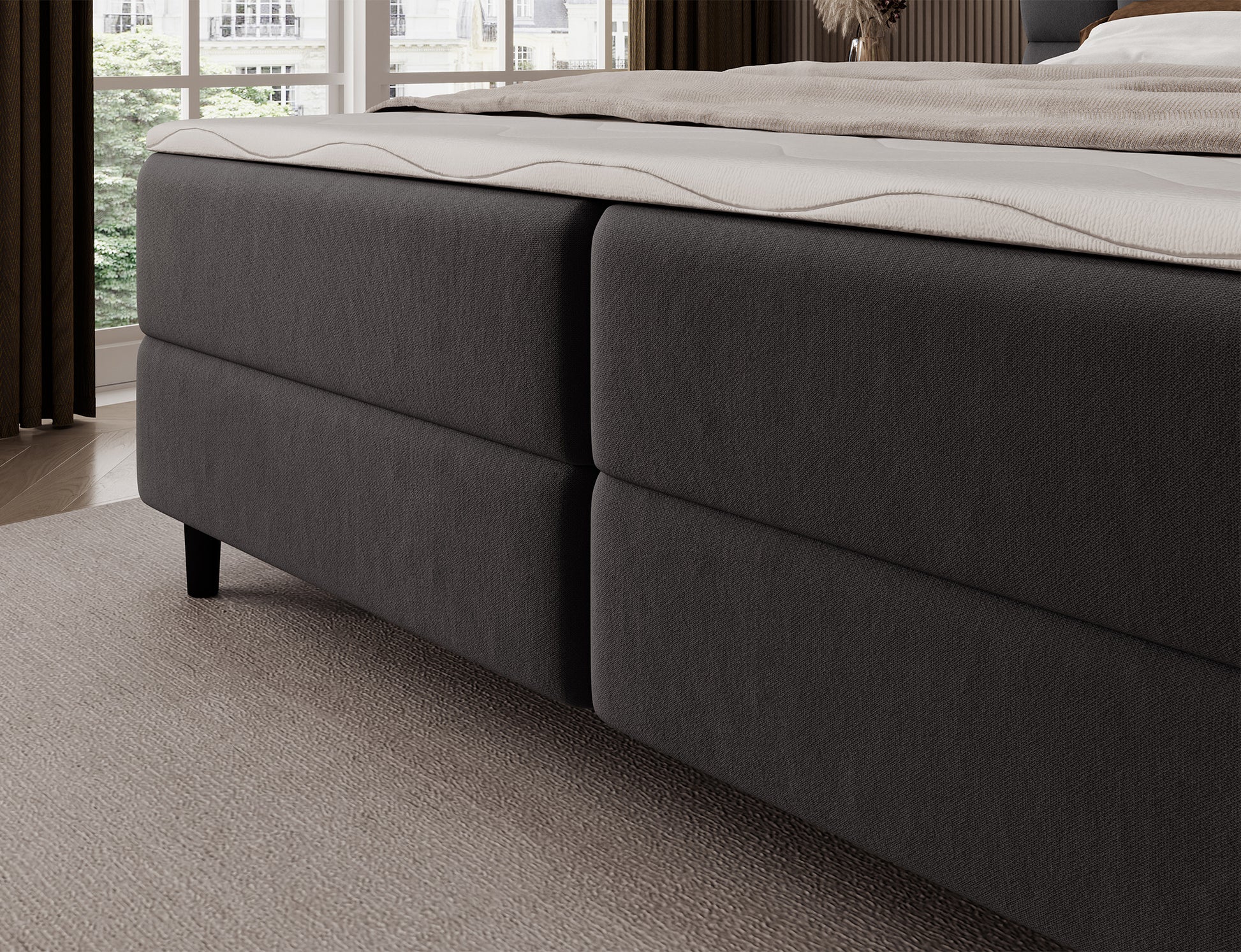 Korpus łóżka kontynentalnego Camma Lukso 10 w kolorze czarnym, solidna podstawa tapicerowana elegancką tkaniną