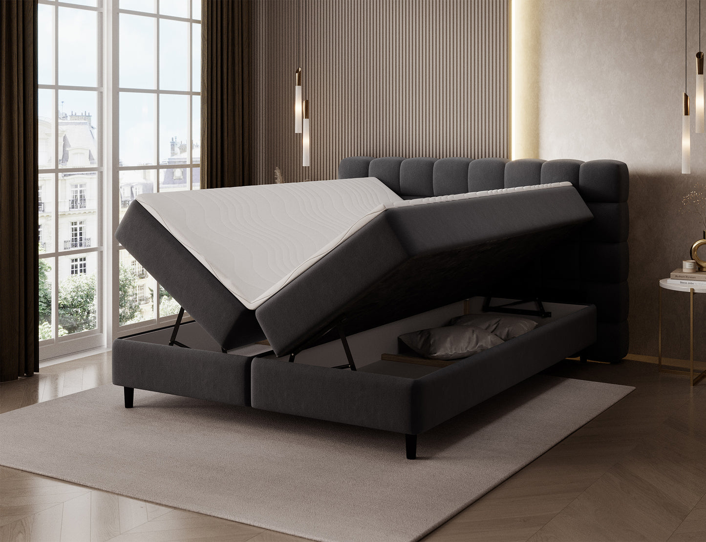 Pojemny schowek na pościel w łóżku Camma Lukso 10 czarne, praktyczne rozwiązanie ułatwiające utrzymanie porządku w sypialni