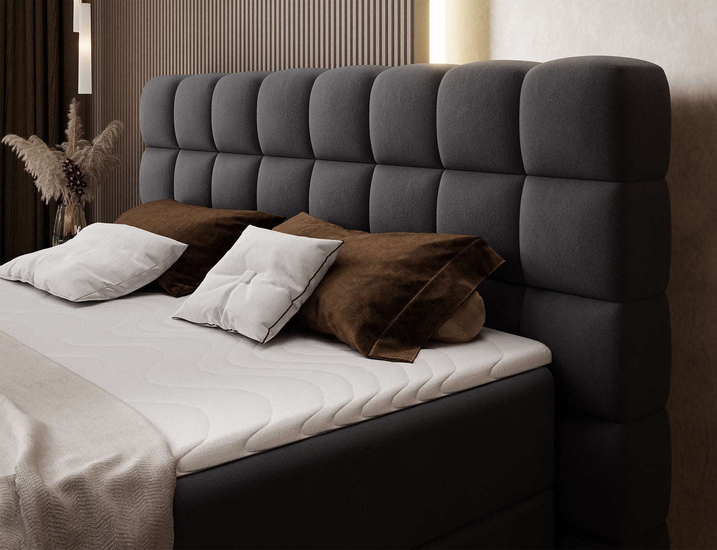 Tapicerowane wezgłowie łóżka Camma Lukso 10 czarne, miękkie przeszycia dodające elegancji i przytulnego stylu