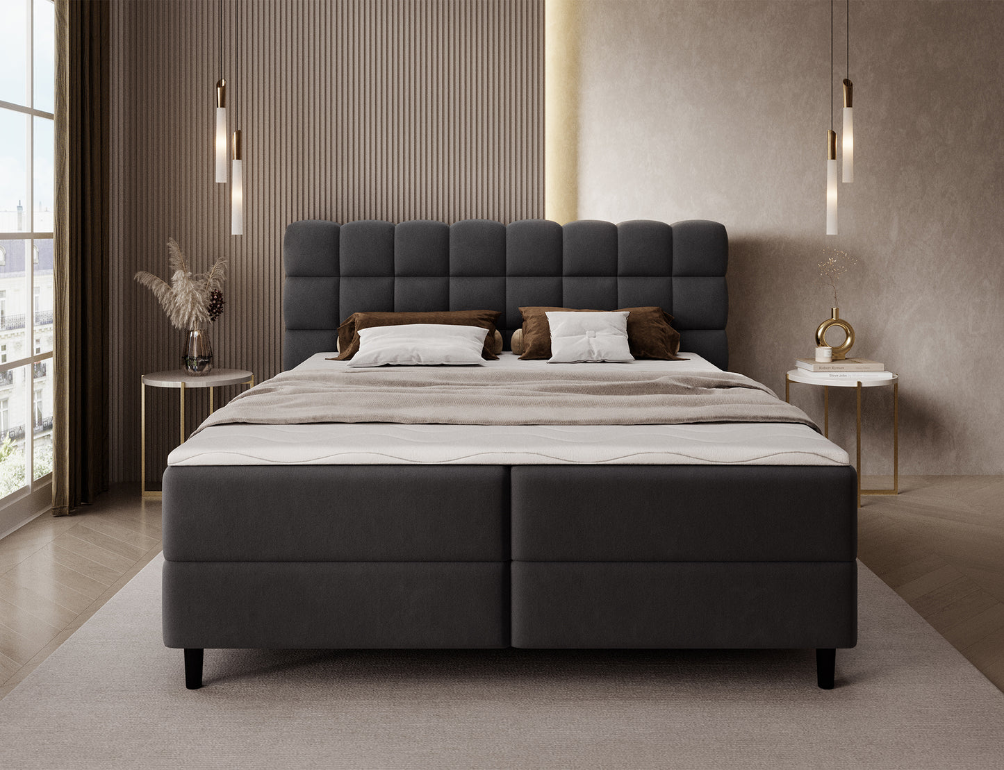 Łóżko kontynentalne Camma Lukso 10 czarne, widok od frontu z wysokim pikowanym wezgłowiem i stabilną konstrukcją