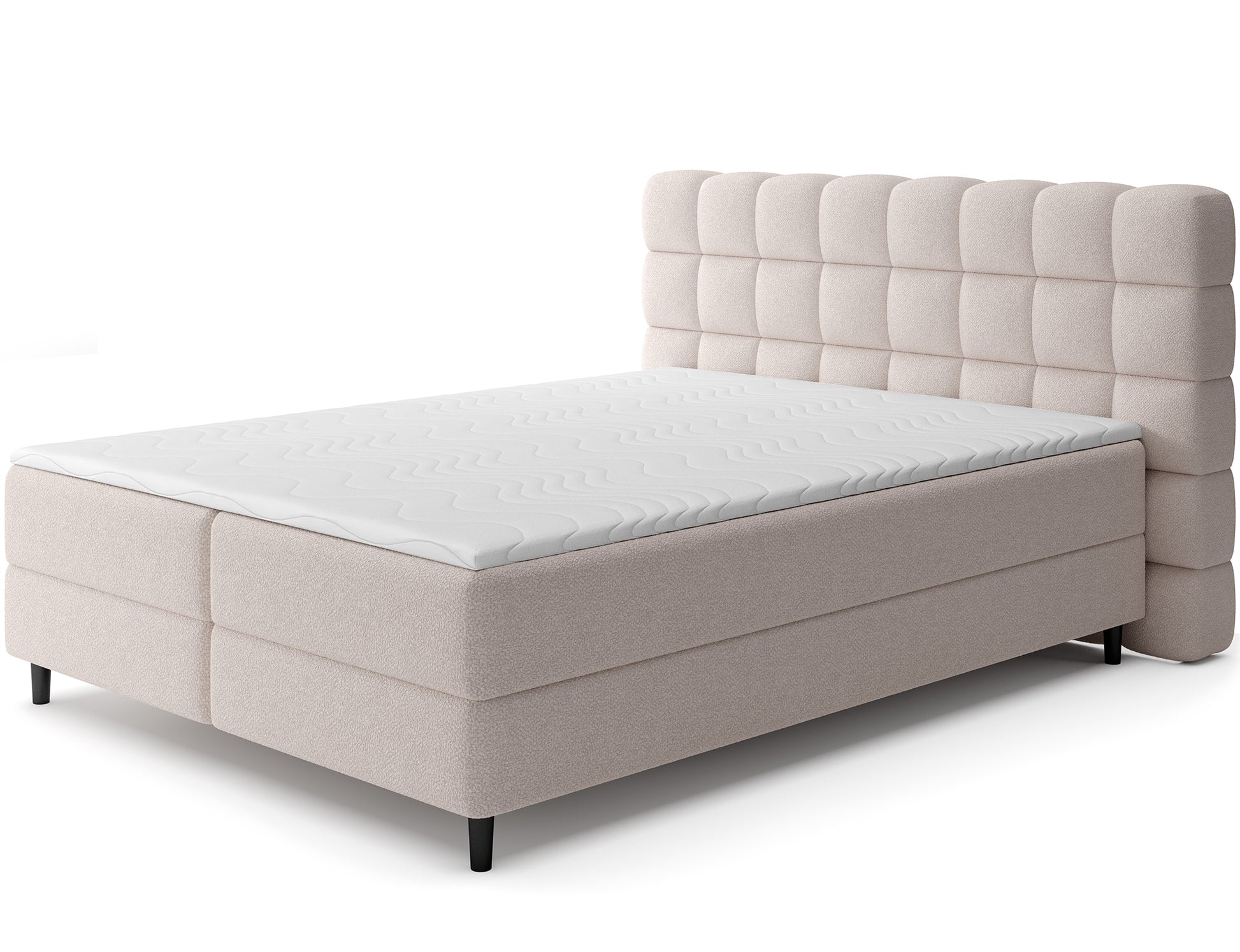 Łóżko kontynentalne Camma w tkaninie Paolli 18 beżowy, widok skośny, elegancki design z pojemnikiem.