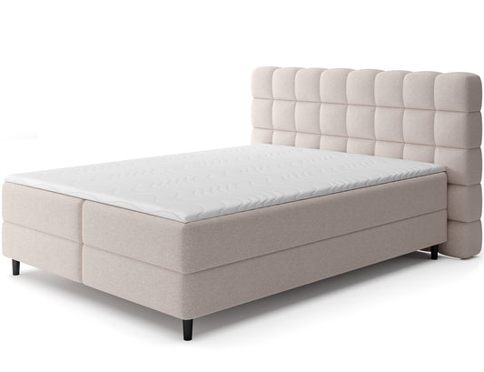 Łóżko kontynentalne Camma w tkaninie Paolli 18 beżowy, widok skośny, elegancki design z pojemnikiem.