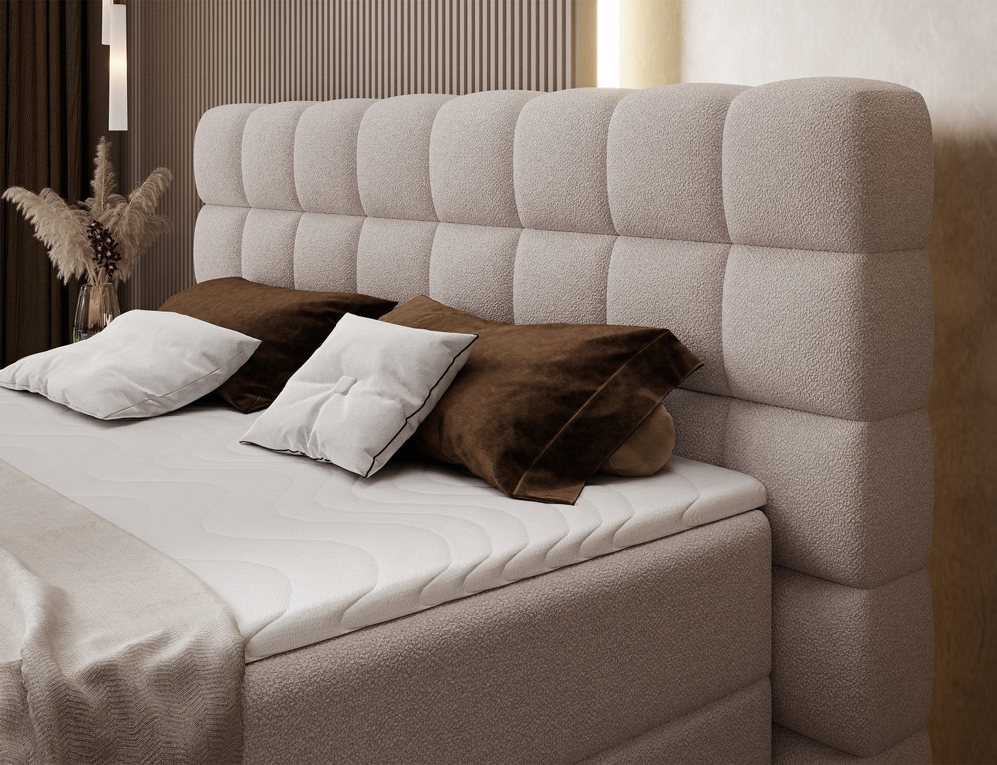 Wezgłowie łóżka Camma w tkaninie Paolli 18 beżowy, miękkie panele tapicerowane nadające elegancji sypialni.