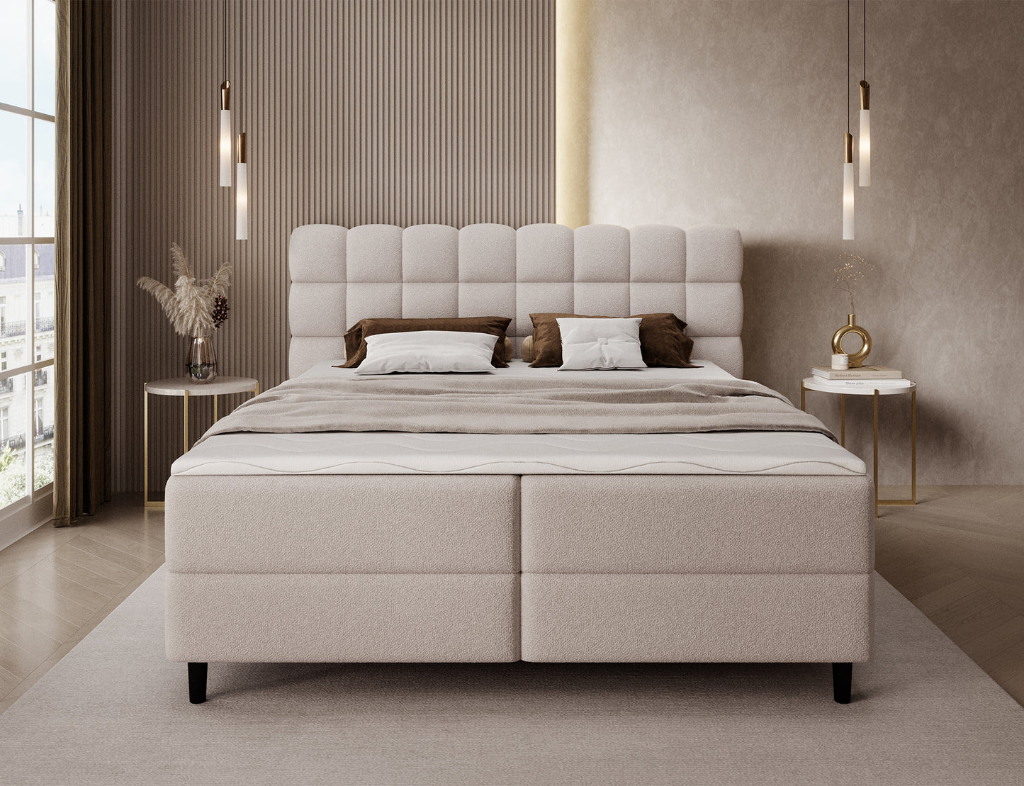 Łóżko kontynentalne Camma w tkaninie Paolli 18 beżowy, widok od frontu w aranżacji nowoczesnej sypialni.