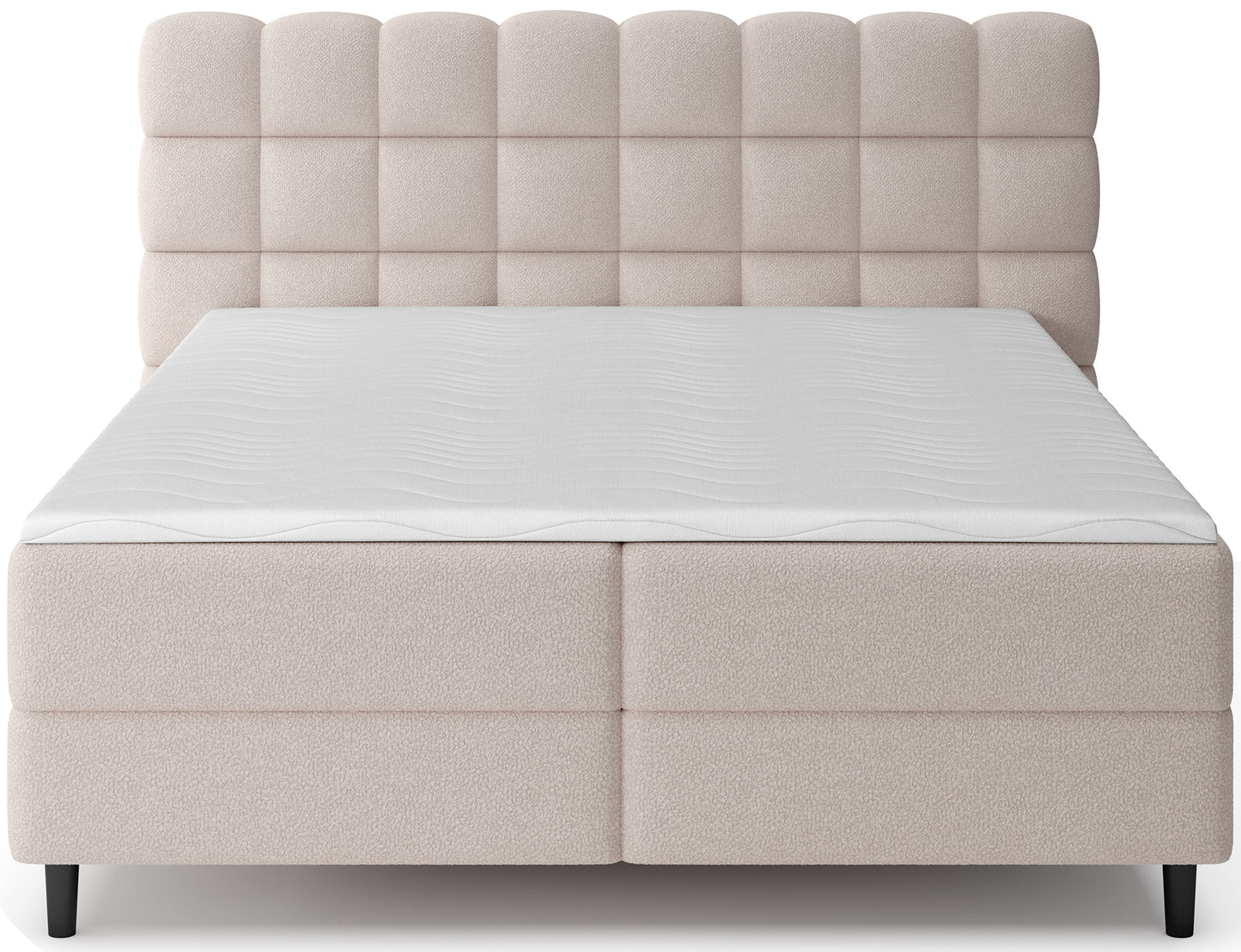 Front łóżka Camma w tkaninie Paolli 18 beżowy, prosta linia, nowoczesna forma i wysoki komfort snu.