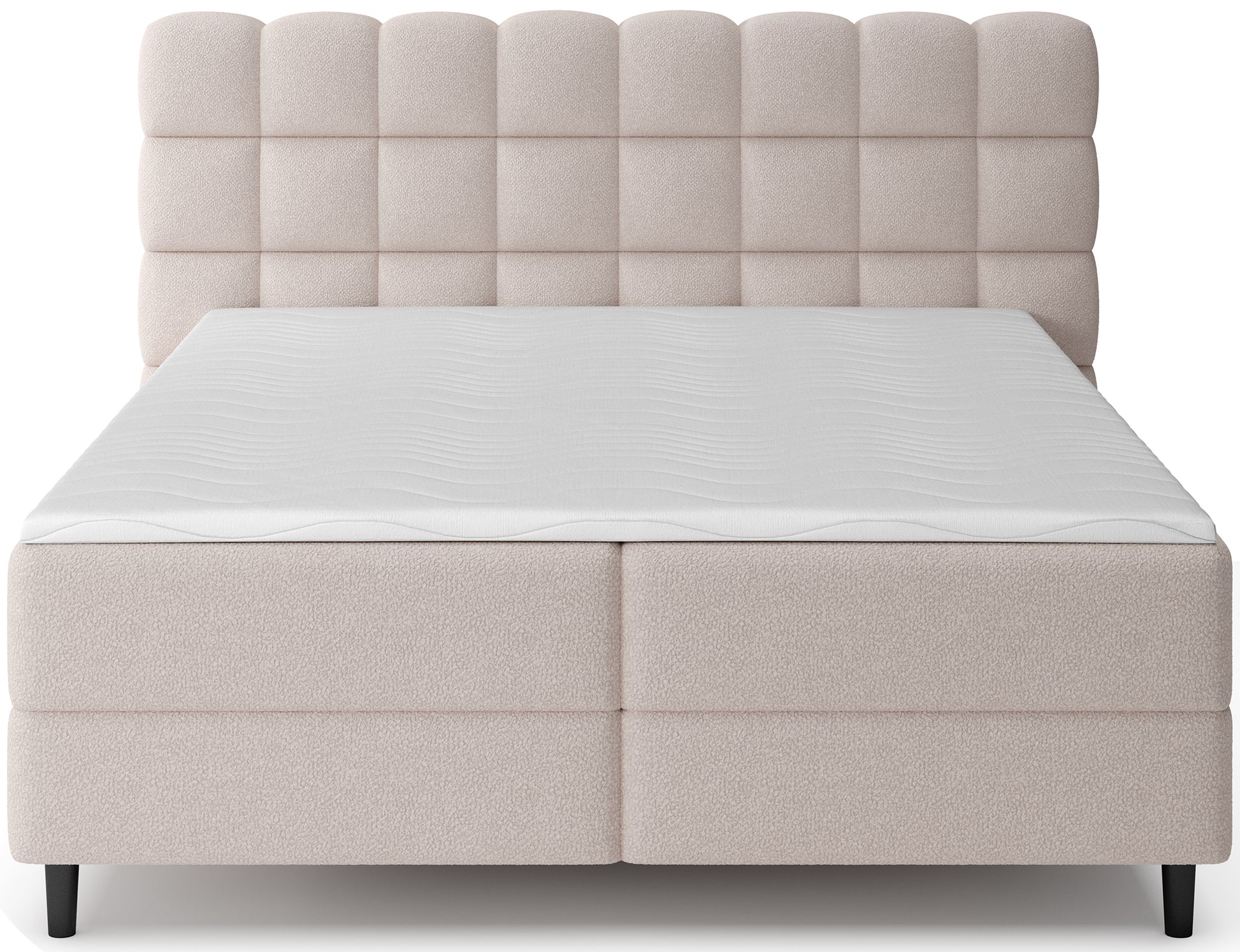 Front łóżka Camma w tkaninie Paolli 18 beżowy, prosta linia, nowoczesna forma i wysoki komfort snu.