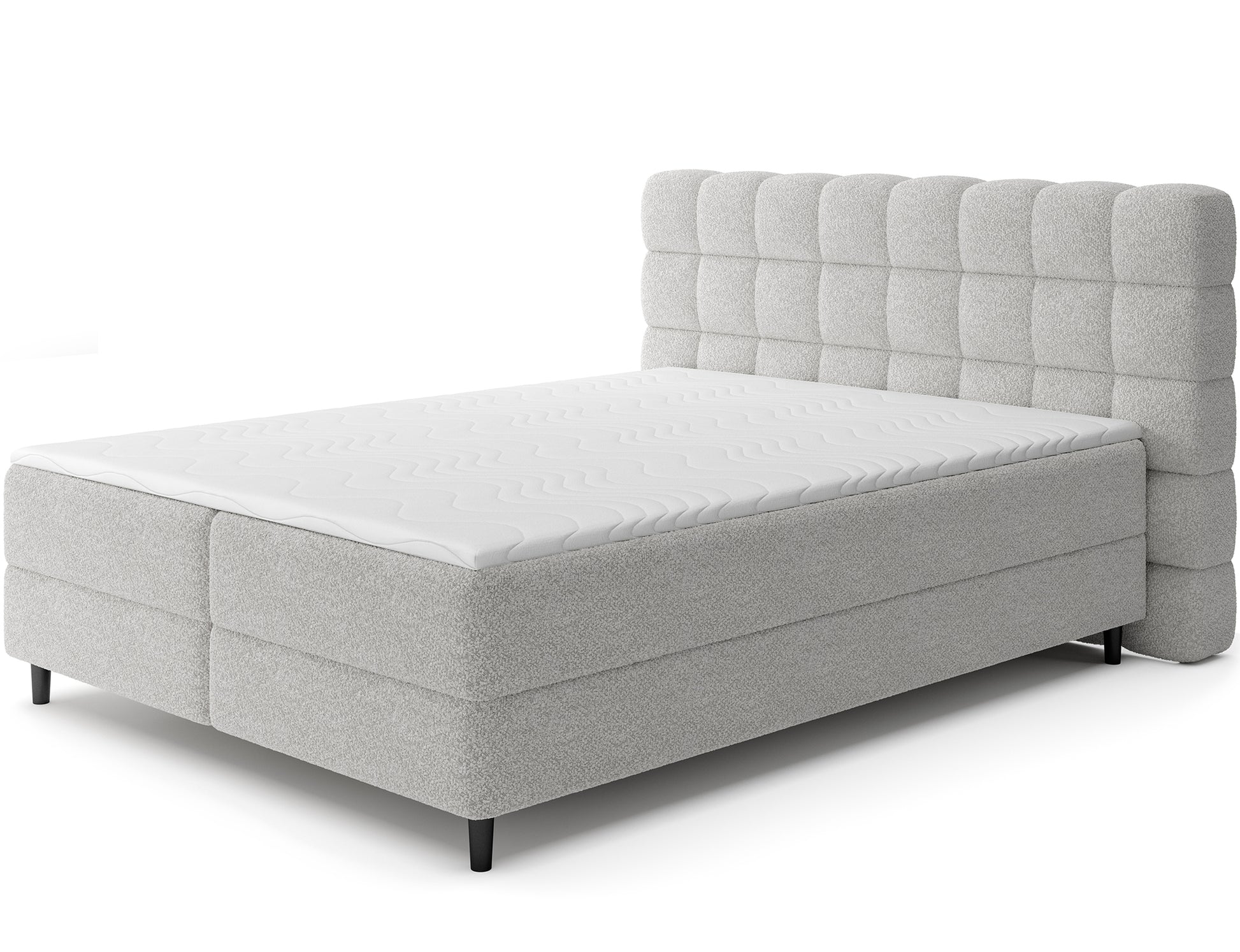 Łóżko kontynentalne Camma Royal 04 w jasno stalowej tkaninie, nowoczesny design z eleganckim wezgłowiem i pojemnikiem