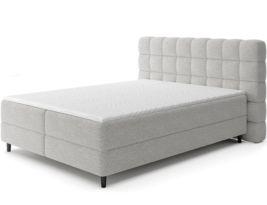Łóżko kontynentalne Camma Royal 04 w jasno stalowej tkaninie, nowoczesny design z eleganckim wezgłowiem i pojemnikiem