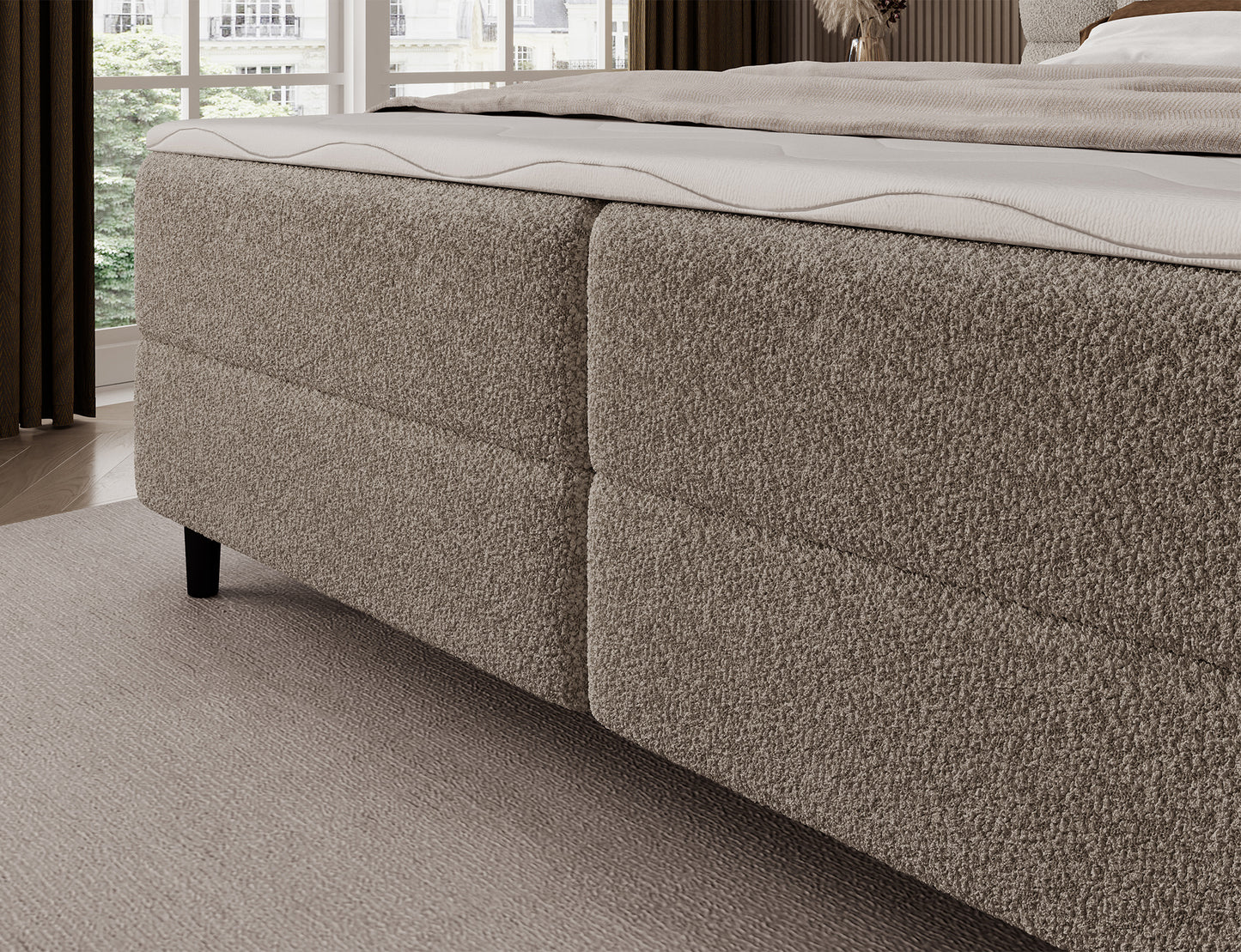 Korpus łóżka kontynentalnego Camma Royal 18 w jasnobeżowej tkaninie, stabilna podstawa na czarnych, eleganckich nogach