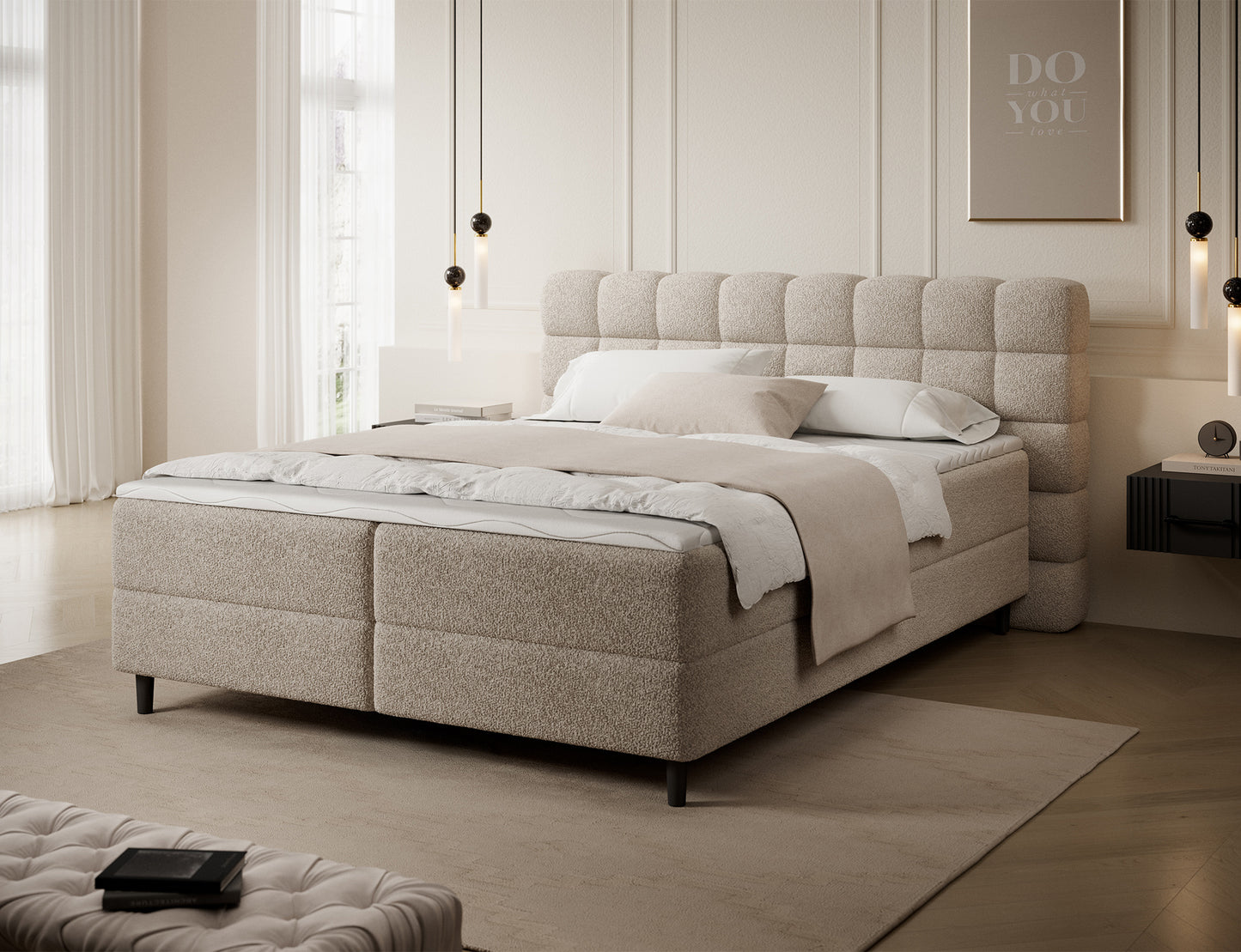 Łóżko Camma Royal 18 w jasnobeżowej tkaninie, aranżacja wnętrza z eleganckim designem i przytulnym charakterem